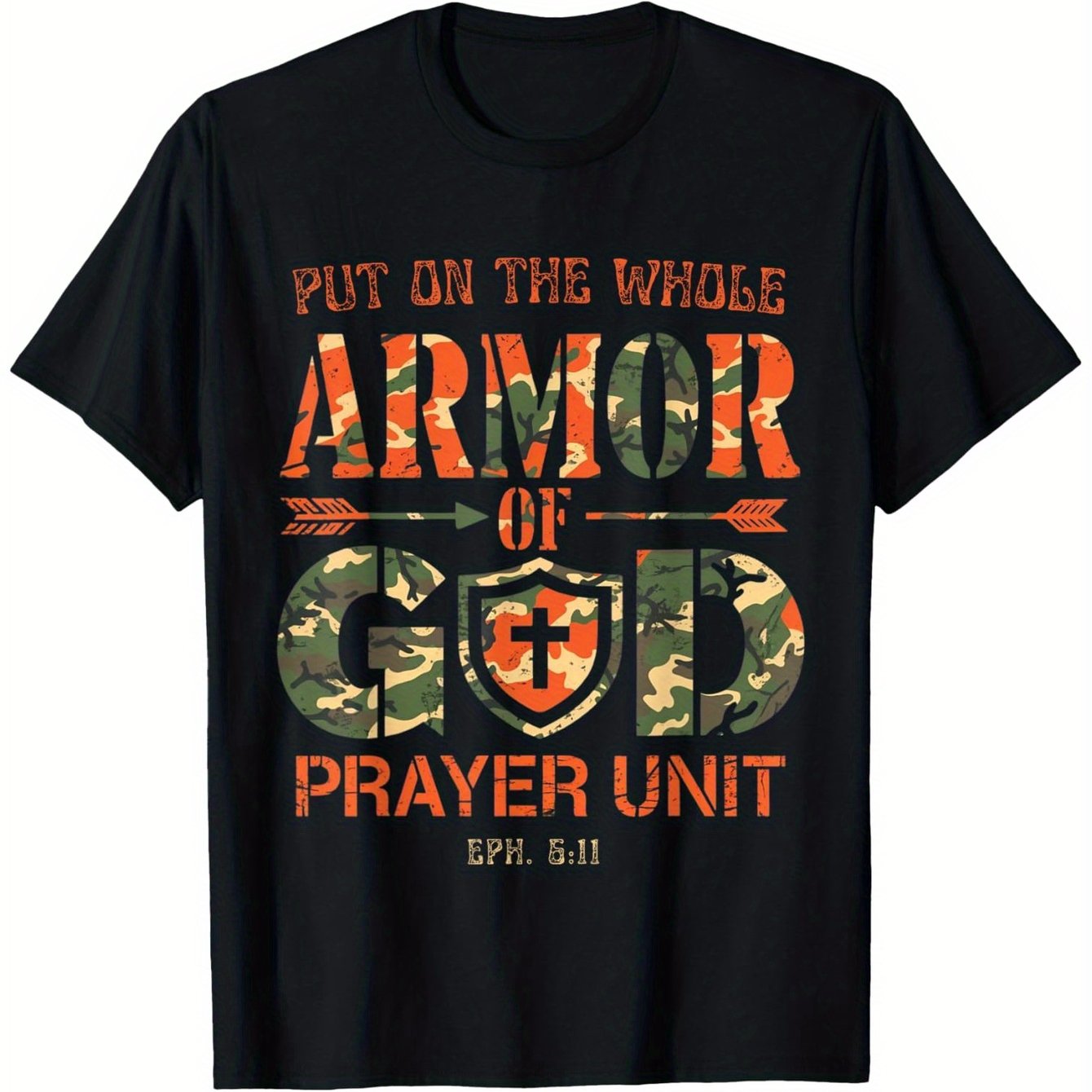 Men's Vintage Camo Armor of God Christian T-Shirt - Ephesians 6:11 Scripture & Prayer Unit Design, Black Camouflage Print, Regular Fit Casual Tee, Machine Washable, Spiritual Clothing | Bold Graphic Shirt | Allseason Wear