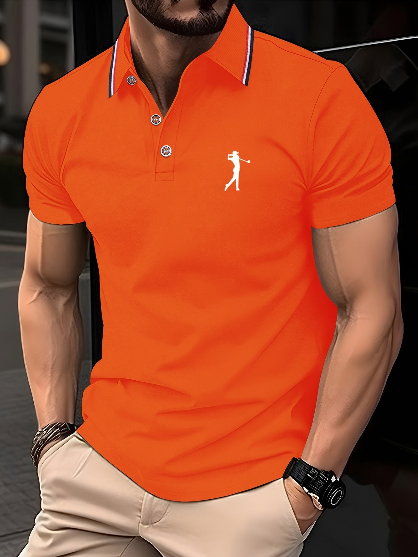 Men's Lightweight Breathable Golf Shirt - Casual Summer Short Sleeve with Collar, Orange Geometric Print, Machine Washable, Perfect for Golf and Business Casual Wear, Contrast Stripe Detailing
