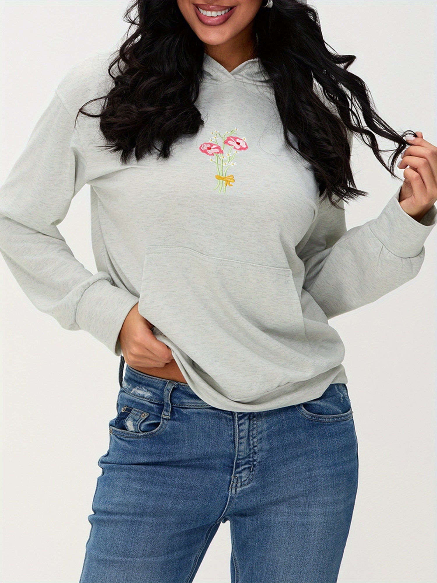 Womens Fashion Hoodies Long Sleeve Floral Letter Embroidery Loose Sweatshirts Streetwear Tops