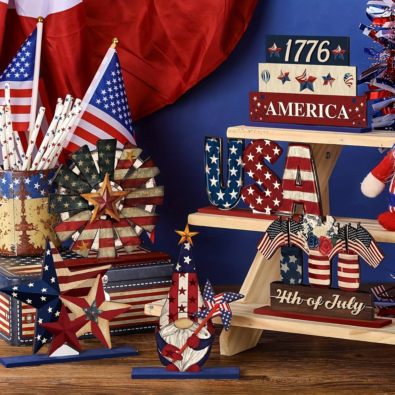 Anniversary & 4th Of July Wooden Table Decorations - Patriotic Country Style Centerpiece with Stars, Striped Pattern And Uncle Sam & 1776 Design, Natural Wood Tiered Tray Home Office Kitchen Shelf Decoration, Star Art Crafts
