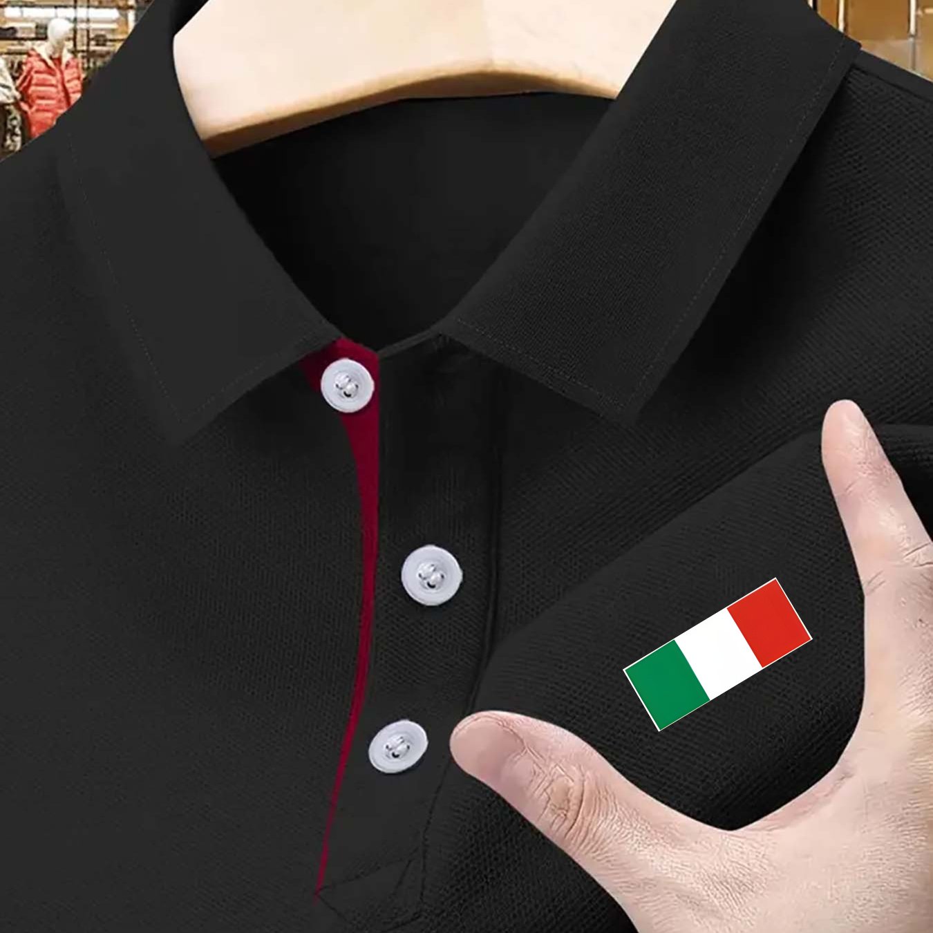 Men's Stretch Shirt - Deep Red Italian Flag Print, Breathable Knit Fabric, Button Collar & Red Trim, Regular Fit for Summer Golf & Outdoor Activities, Golf Shirt, Easycare Material