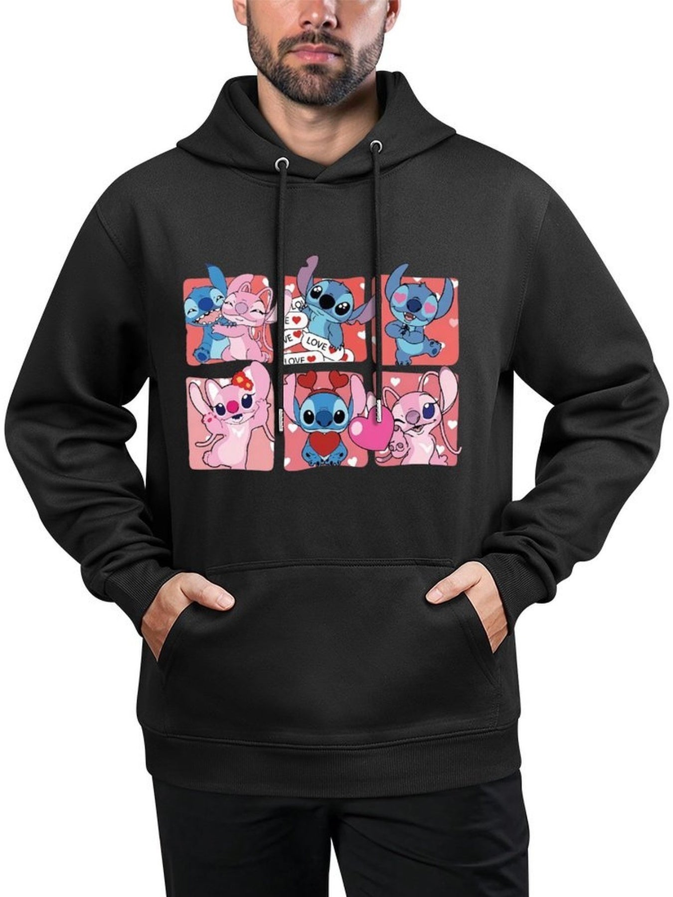 Disney Men's Black Retro Pullover Hoodie with Stitch & Angel Valentine's Digital Print, Soft Regular Fit Casual Sweatshirt, Machine Washable, Front Pocket, Disney Friends Graphic Design, Disney Hoodie, Durable Comfort Wear