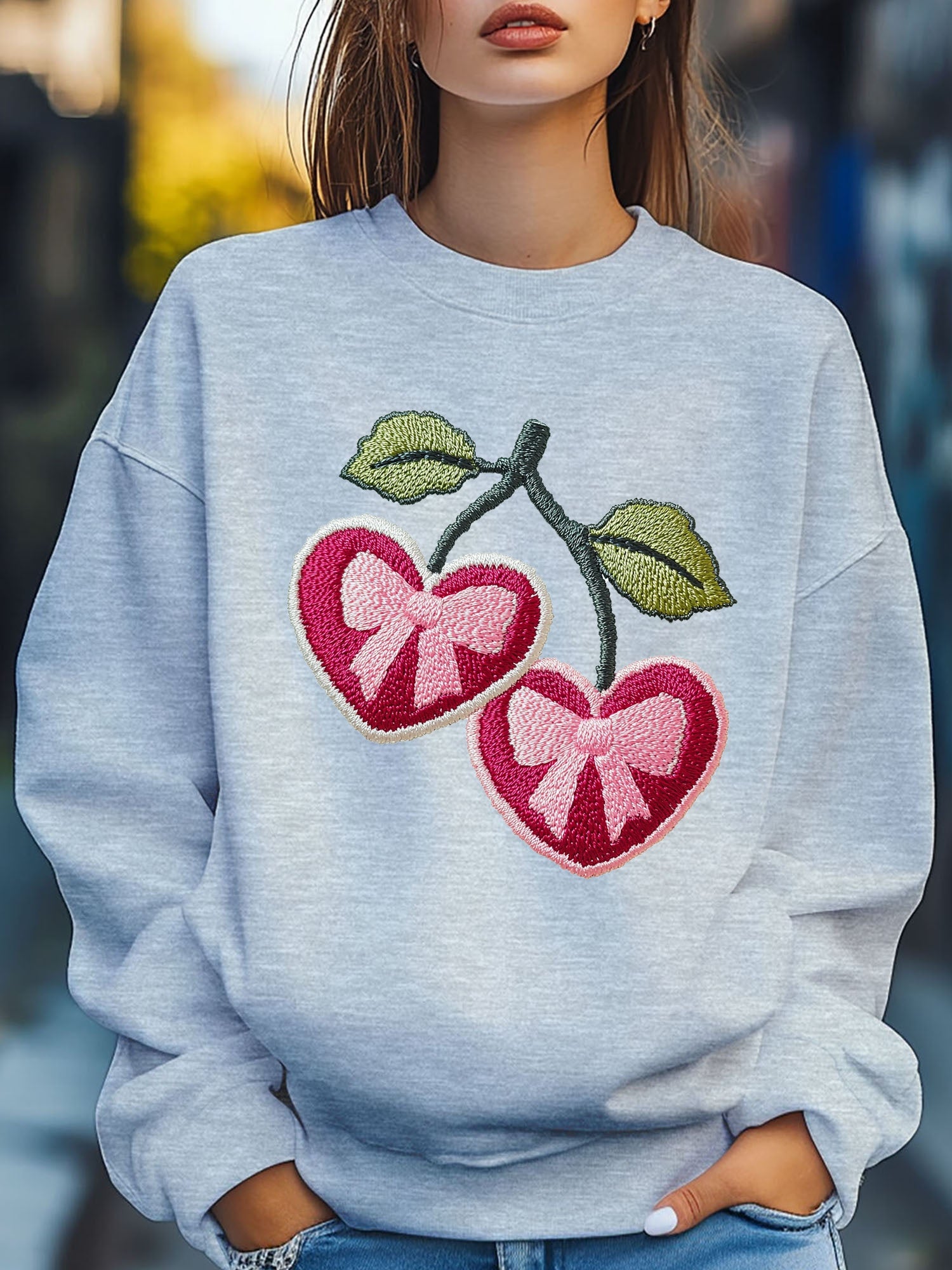 Women'S Cherry Love Heart Bow Embroider Print Sweatshirt Pullover Fall Loose Fashion Long Sleeve Crew Neck Sweatshirt Casual Comfy Clothes
