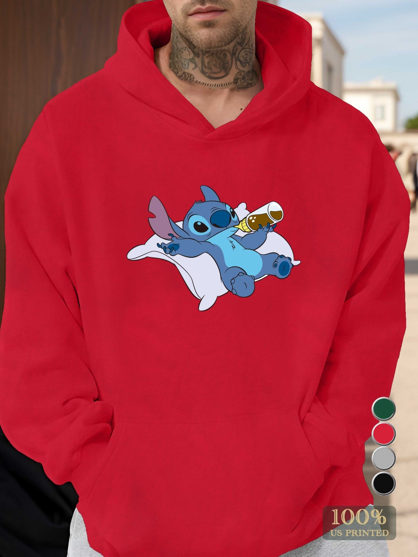 Disney Stitch Men's Hoodie - Official Stitch Graphic Pullover Sweatshirt, Loose Fit Hooded Sweatshirt for Adults, Fall/Winter Apparel (Green/Red/Black/Grey/) - Disney Fan Gift, Fall Season Apparel, Casual Winter Wear, Durable