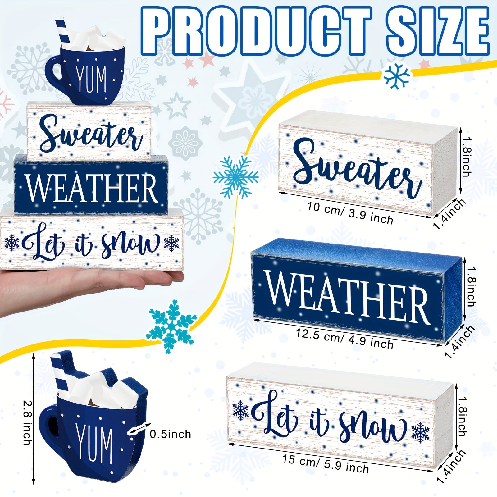 Winter Wooden Tabletop Decor Let It Snow Tiered Tray Decor Snowflakes Decorative Wood Block Sign Gift Wooden Farmhouse Christmas Table Centerpiece Winter Decor for Home Indoor Holiday