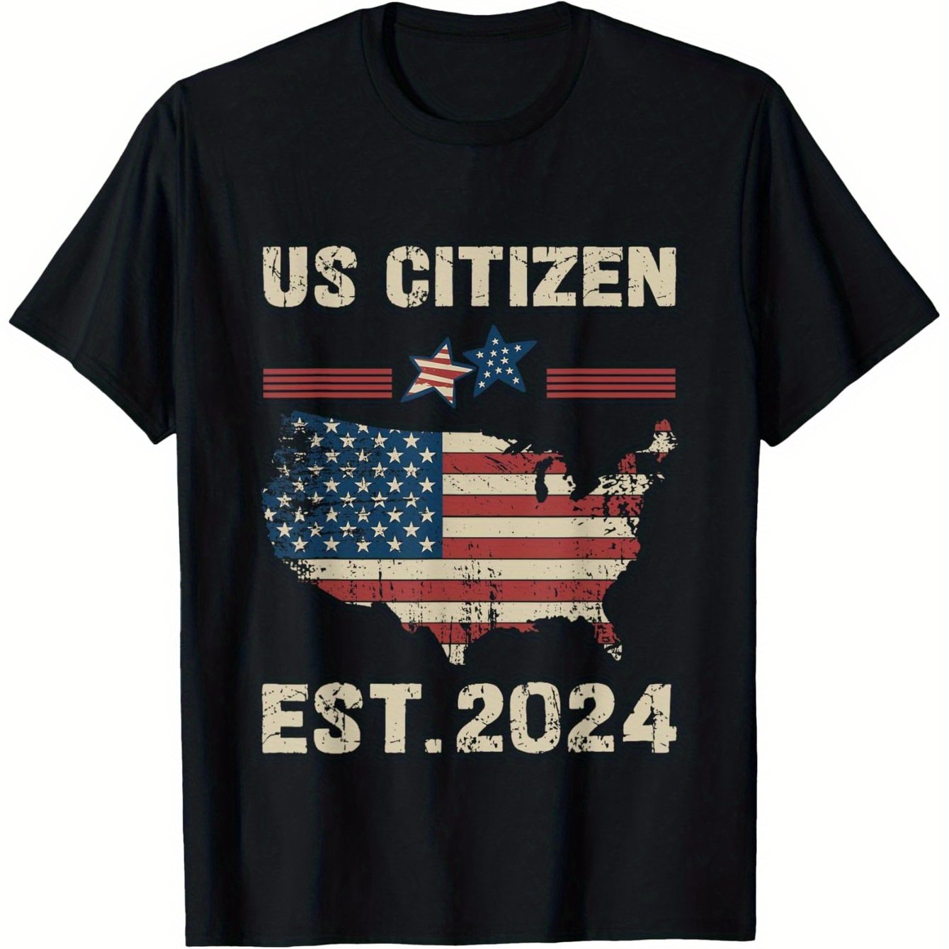 Men's US Citizen Est. 2024 Citizenship Party T-Shirt - Patriotic American Flag Map design, Heavyweight 180gsm Cotton Tee for Naturalization Ceremony, Independence Day, Civic Events - Sizes S-XXXL (Black), American Flag Clothe
