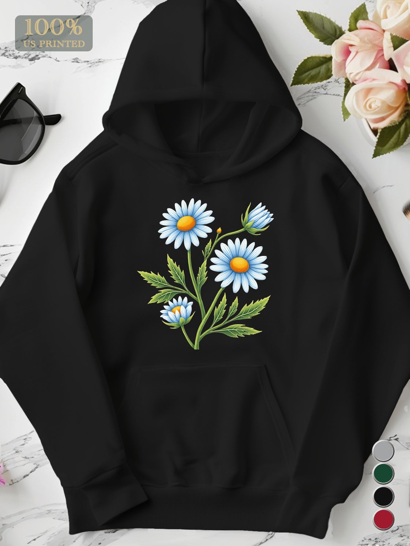 Blue Daisies Botanical Embroidered Women'S Plus Size Hoodies