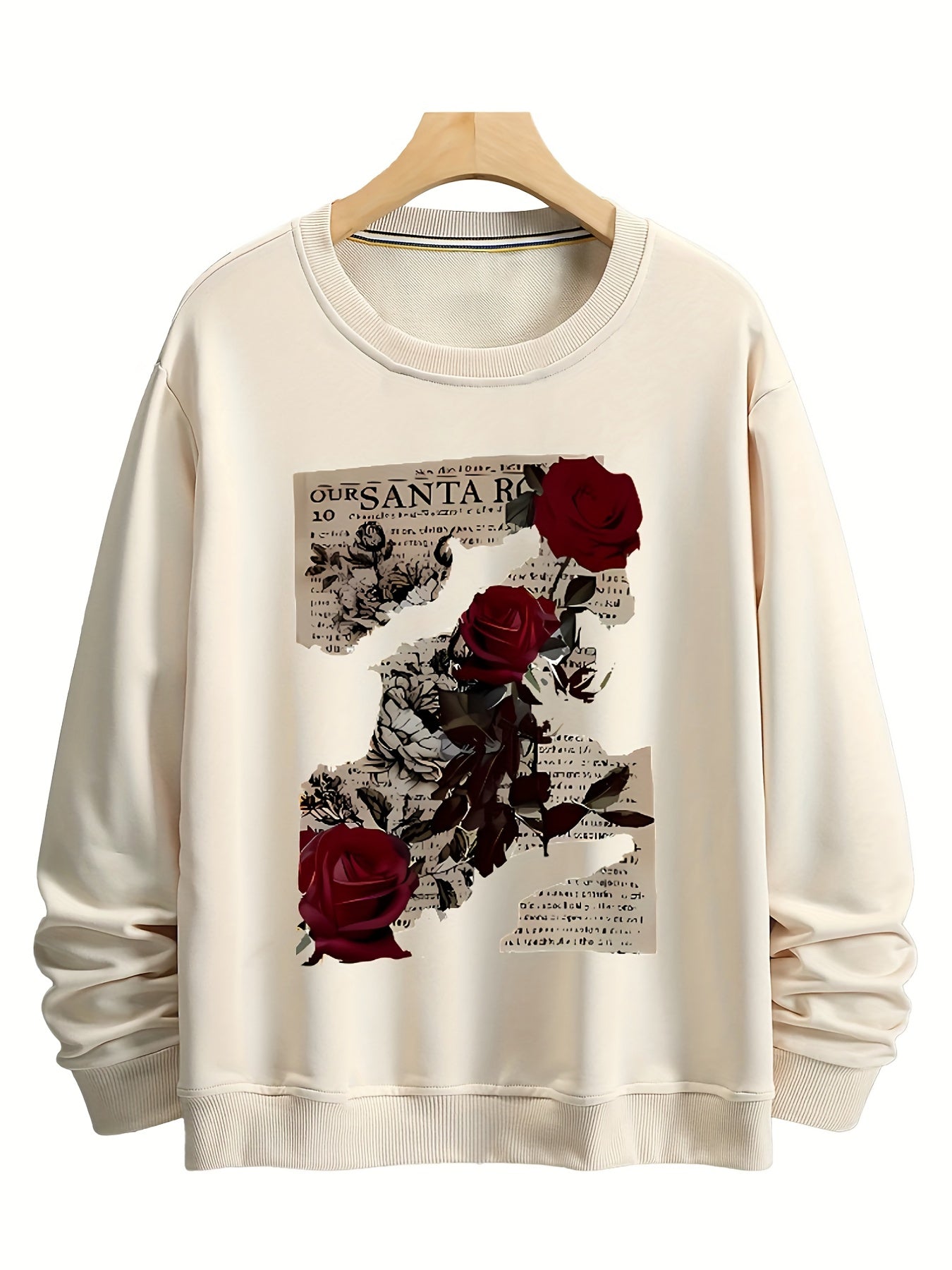 Rose shredded paper Round neck printed hoodie, spring and autumn micro elastic long sleeved, patterned casual hoodie, street style, sports style, retro style top