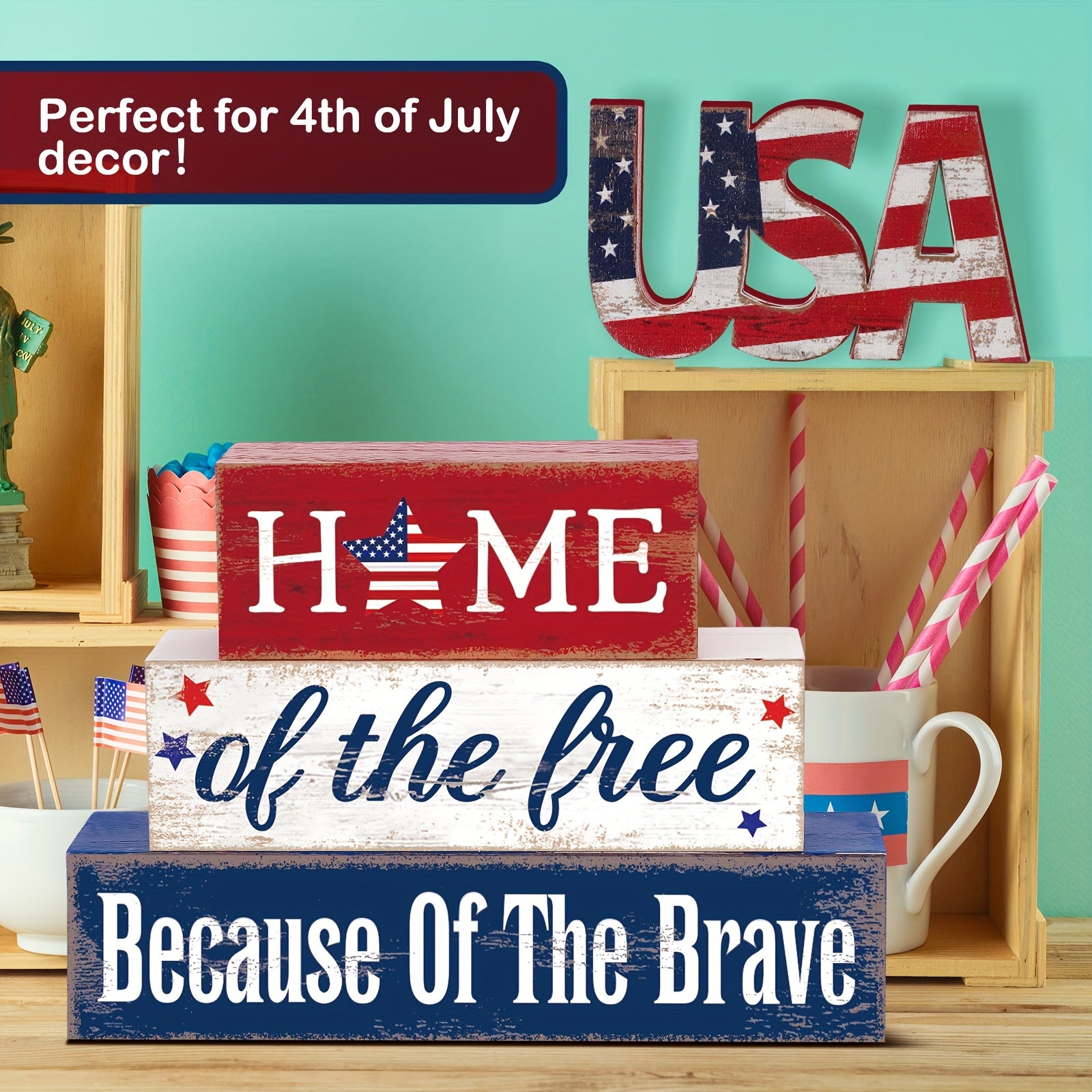 Farmhouse 4th of July Patriotic Table Sign Independence Day Table Wood Decorations Patriotic Themed Rustic Farmhouse Wood Block Sign for Party Home Desk Party Packs (Stylish)