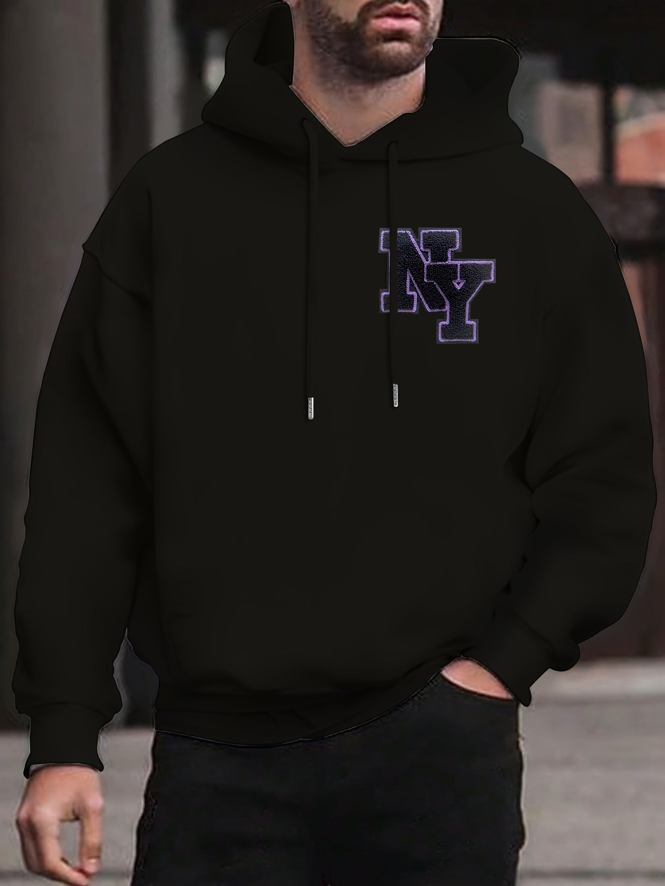 New York Embroidered Men's Hoodie - Casual Pullover with Drawstring, Long Sleeve & Kangaroo Pocket | Cozy Polyester Blend for Fall/Winter