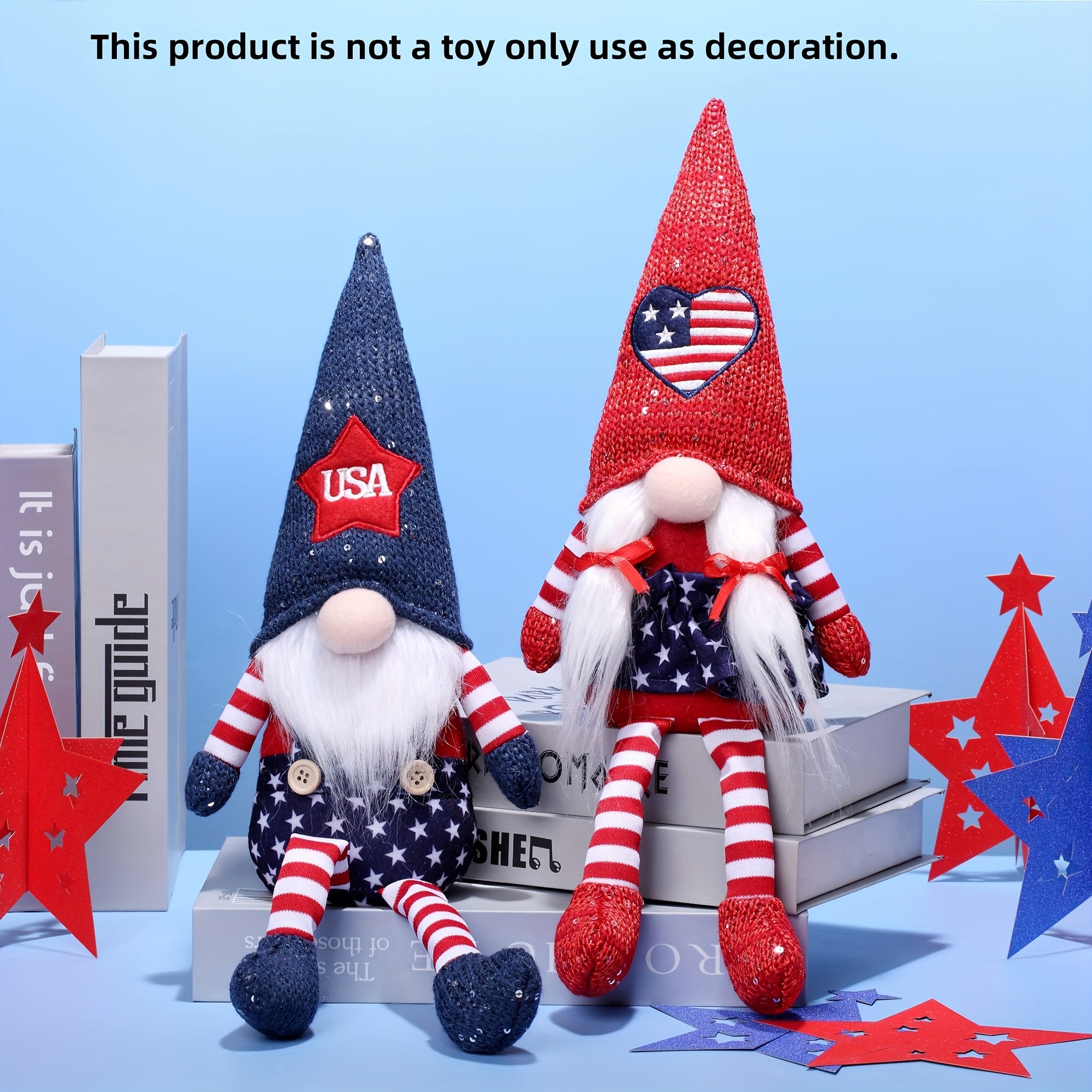 July 4th Independence Day Plush Gnome Decoration Set, Red Blue Five-pointed Star Cloth Gnome Indoor Tabletop Door And Window Party Decoration - for People Over 14 Years Old