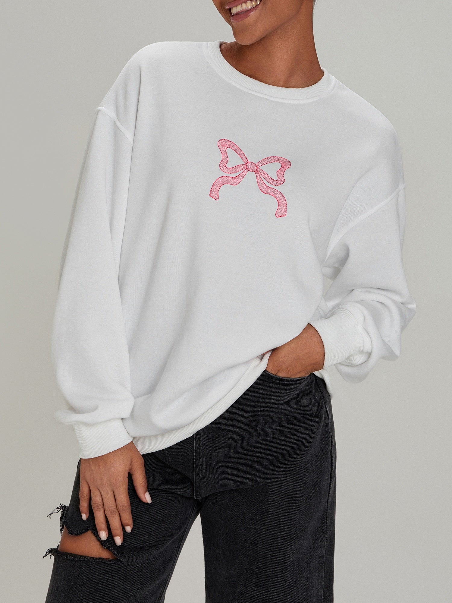 Women's Casual Loose Fit Long Sleeve Round Neck Sweatshirt - 100% Polyester Lightweight 119g/m², Solid Color with Red Bow Embroidery, Spring/Fall Pullover for Casual Attire