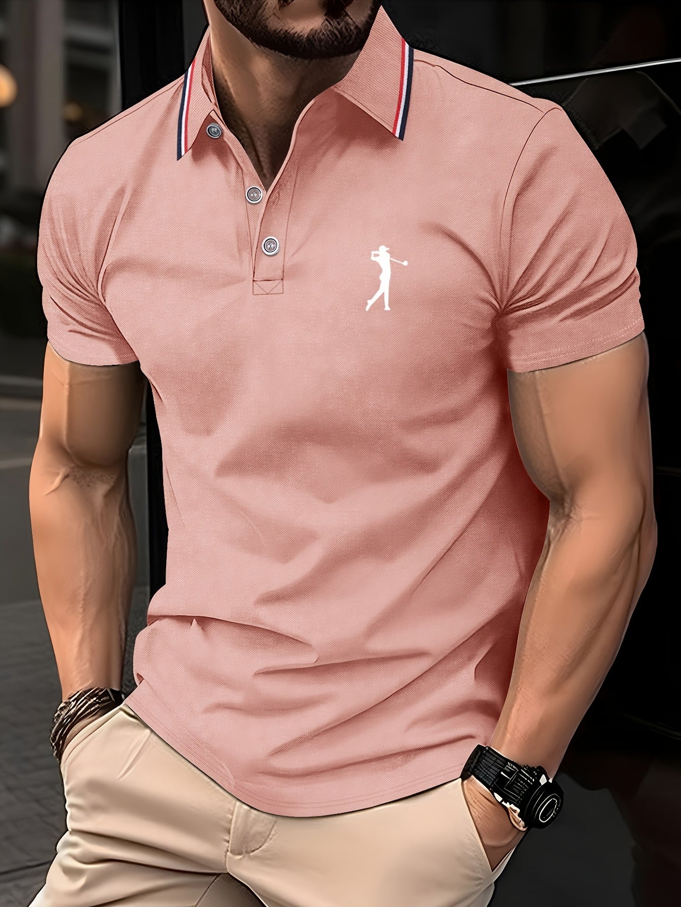Men's Lightweight Breathable Golf Shirt - Casual Summer Short Sleeve with Collar, Orange Geometric Print, Machine Washable, Perfect for Golf and Business Casual Wear, Contrast Stripe Detailing