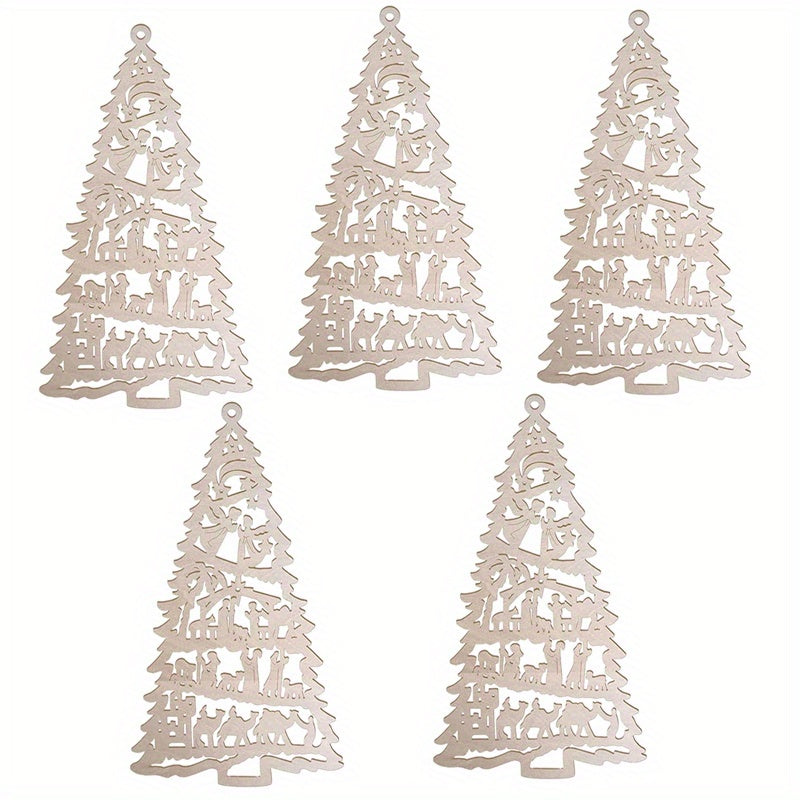 Christmas Olive Wood 5Pcs Nativity Scene Ornament - Carved into Tree Shape, Holy Land Wooden Hanging Decoration for Room, Home, Thanksgiving Party, Nativity Gifts