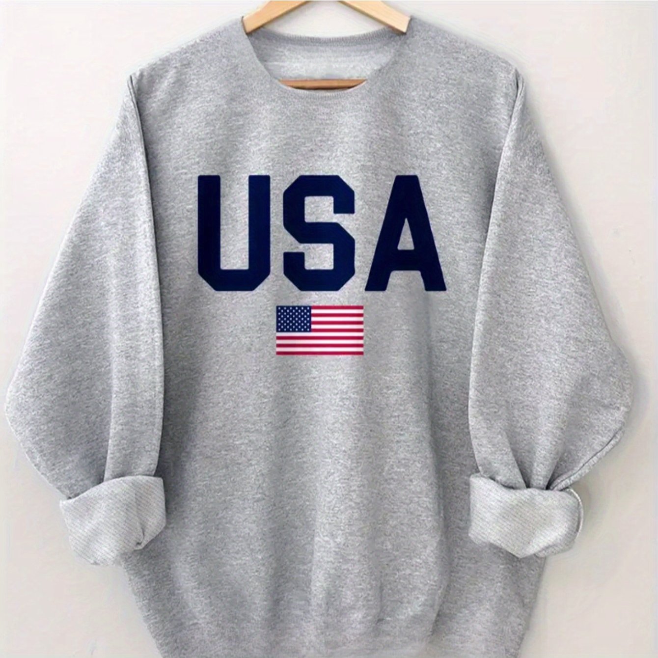 Women's Casual Crew Neck Sweater - USA Flag Design, Long Sleeve Knit Pullover for Fall/Winter, Light Grey with Bold Blue Print, Machine Washable, Comfortable & Stylish Patriotic Sweatshirt, Winter Apparel | Flag Motif Top | M