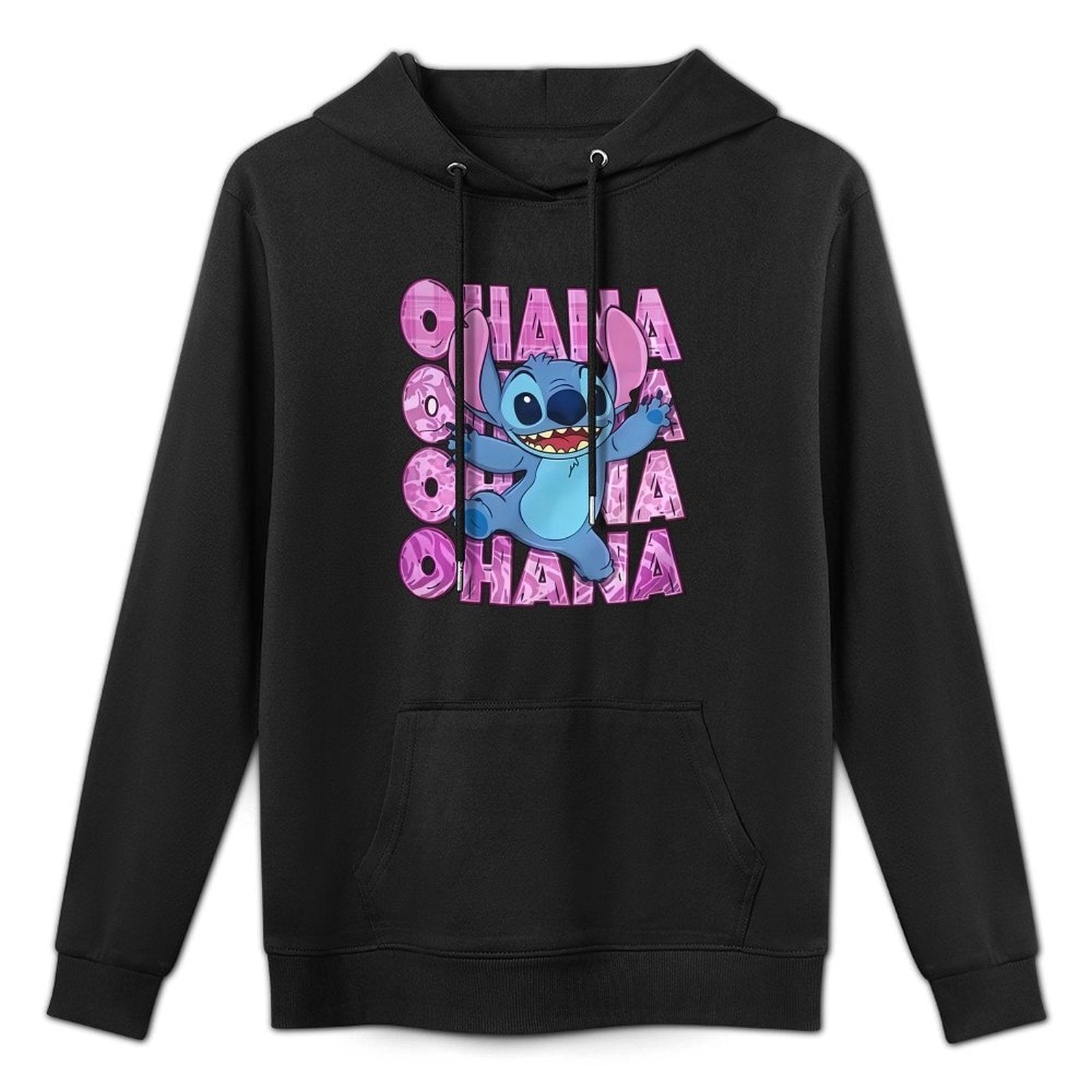 Disney Men'S Black Retro Pullover Hoodie with Stitch Ohana Disney Friends Digital Print, Soft Regular Fit Casual Sweatshirt, Machine Washable, Disney Sweatshirt