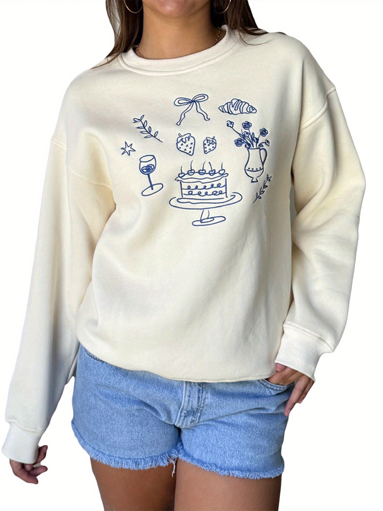 Womens Sweatshirts Long Sleeve Pullovers Crew Neck Blouse Cake Embroidery Loose Tops Trend Clothes for Casual
