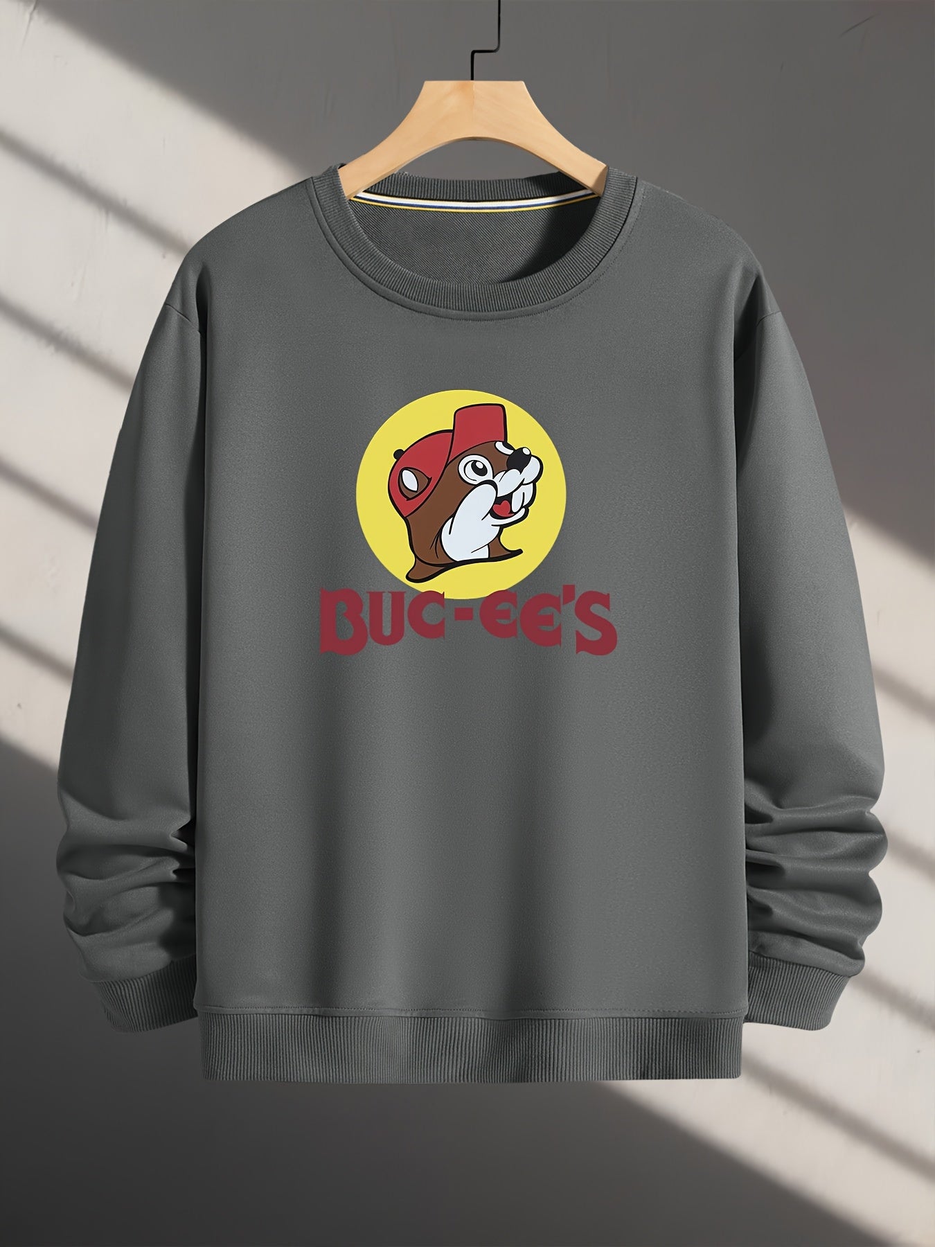 Polyester Crew Neck Sweatshirt, Long Sleeve Loose Fit with Squirrel Letter Print, Casual Outdoor Wear for Men and Women