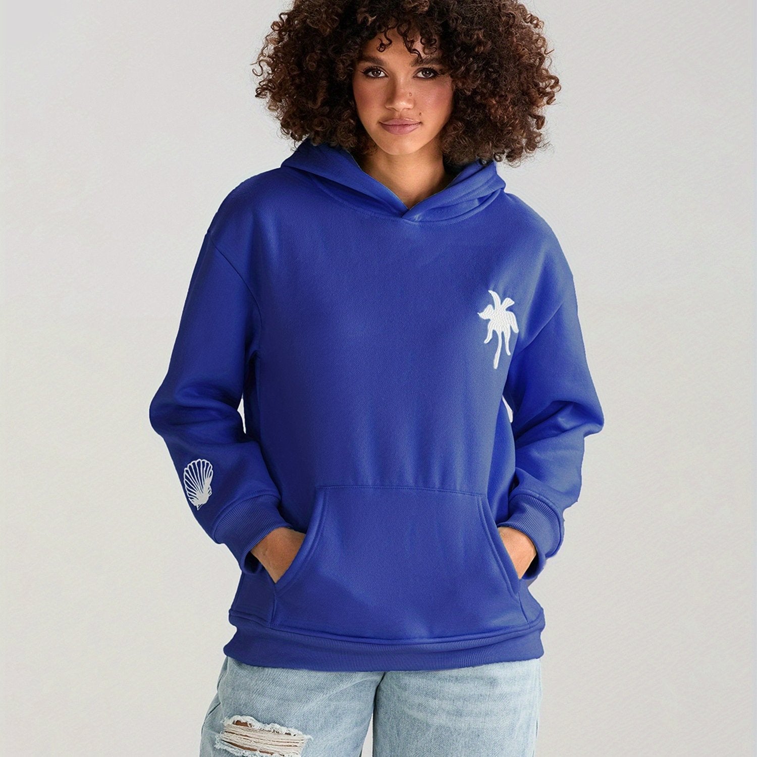 Womens Beach Hoodies Long Sleeve Flower Embroidery Oversized Sweatshirts Streetwear Tops