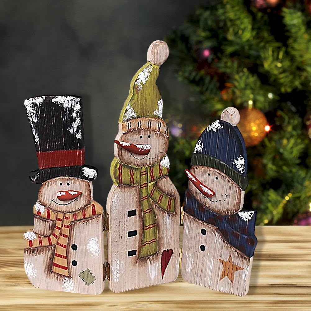 Christmas Decorations Wood Snowman Sign Holiday Xmas Home Decor Wooden Folding Triple Snowmen Screen Rustic Decorative Ornaments for Table Top Fireplace (Snowman)
