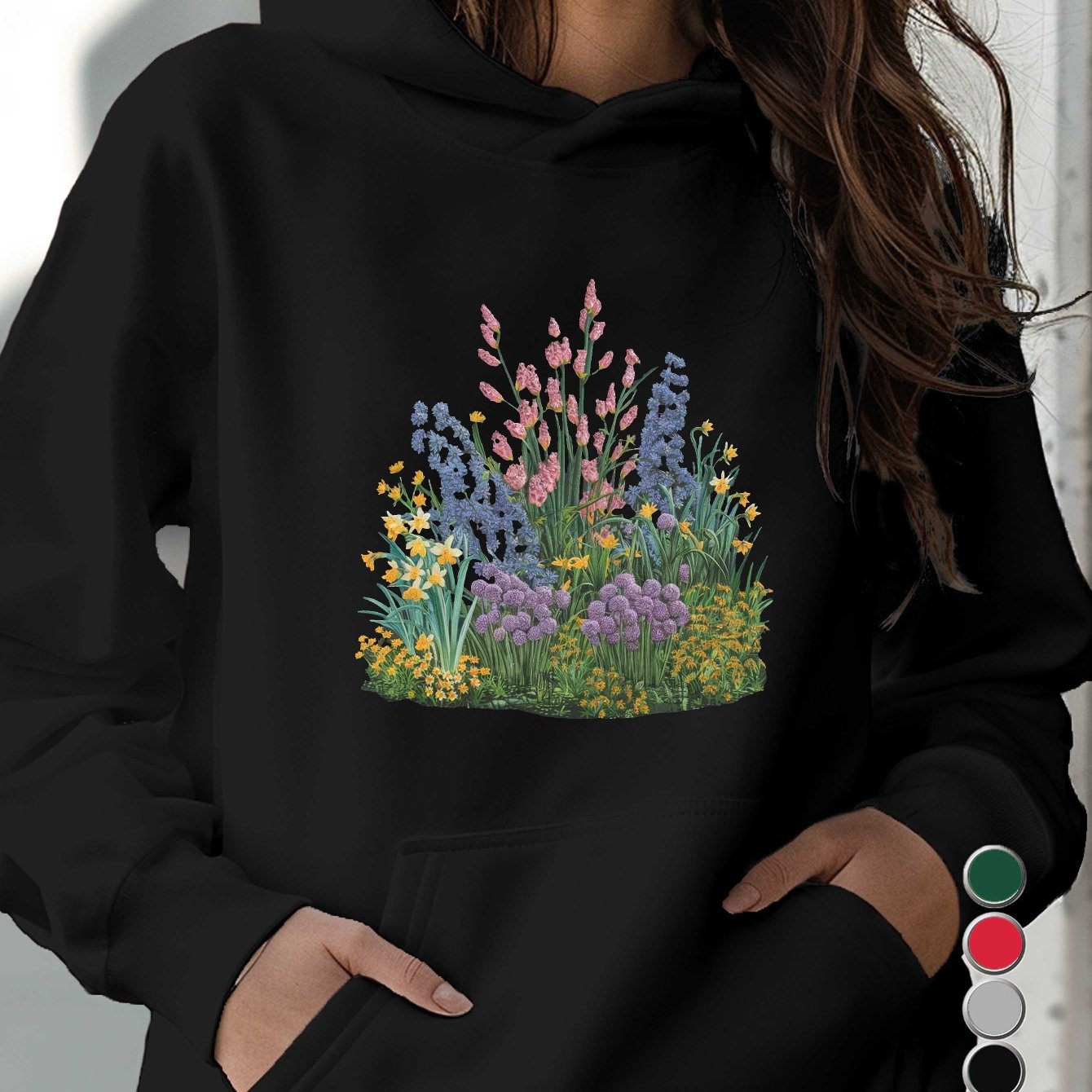 teediy Women's Hoodie with Embroidered Miniature Garden Floral Design, 100% Polyester, Front Pockets, Regular Fit Long Sleeve Casual Pullover for Autumn/Winter, Machine Washable