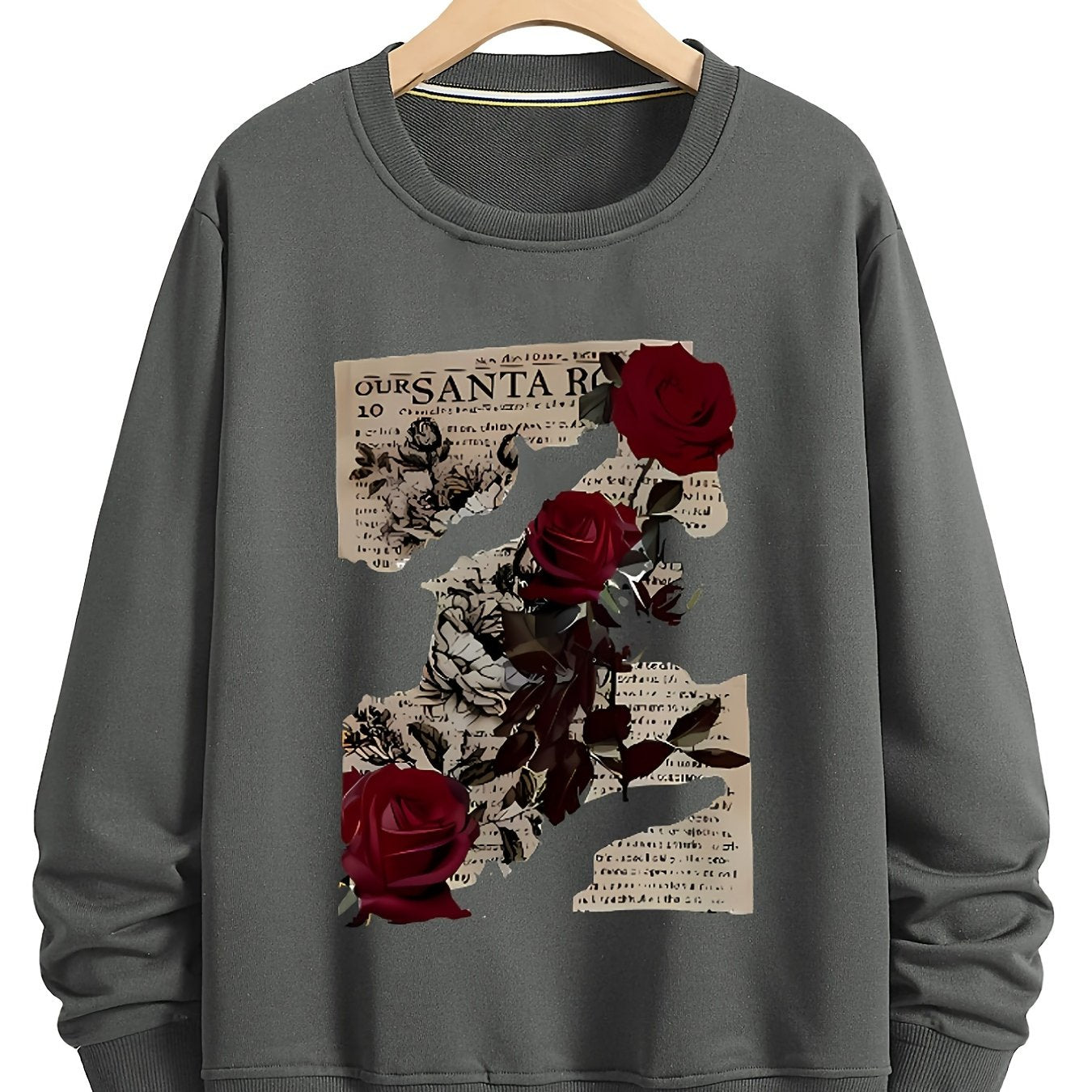 Rose shredded paper Round neck printed hoodie, spring and autumn micro elastic long sleeved, patterned casual hoodie, street style, sports style, retro style top