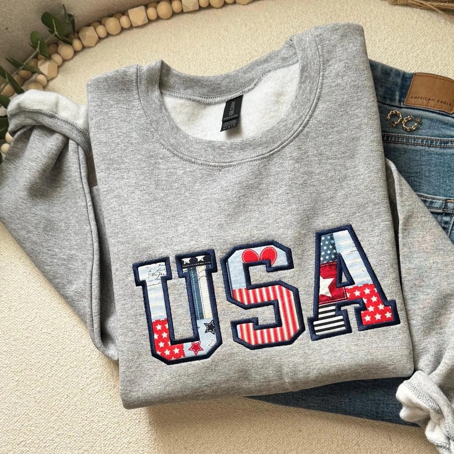 USA Embroidered Sweatshirt, American Flag Sweatshirt, America Sweatshirt, USA Applique Sweatshirt, 4th of July Sweatshirt, Cute Sweatshirt