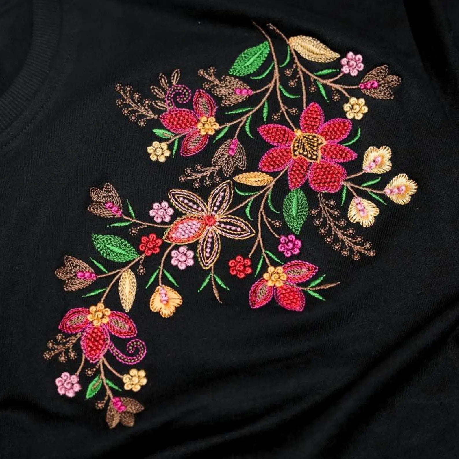 Elegant Floral Embroidery Tee - Women's Boho Chic T-Shirt - Embroidered Top - Summer Casual Blouse - Unique Gift Idea