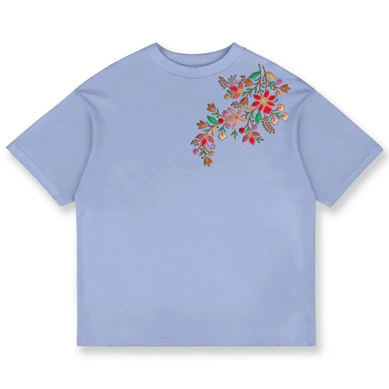 Elegant Floral Embroidery Tee - Women's Boho Chic T-Shirt - Embroidered Top - Summer Casual Blouse - Unique Gift Idea