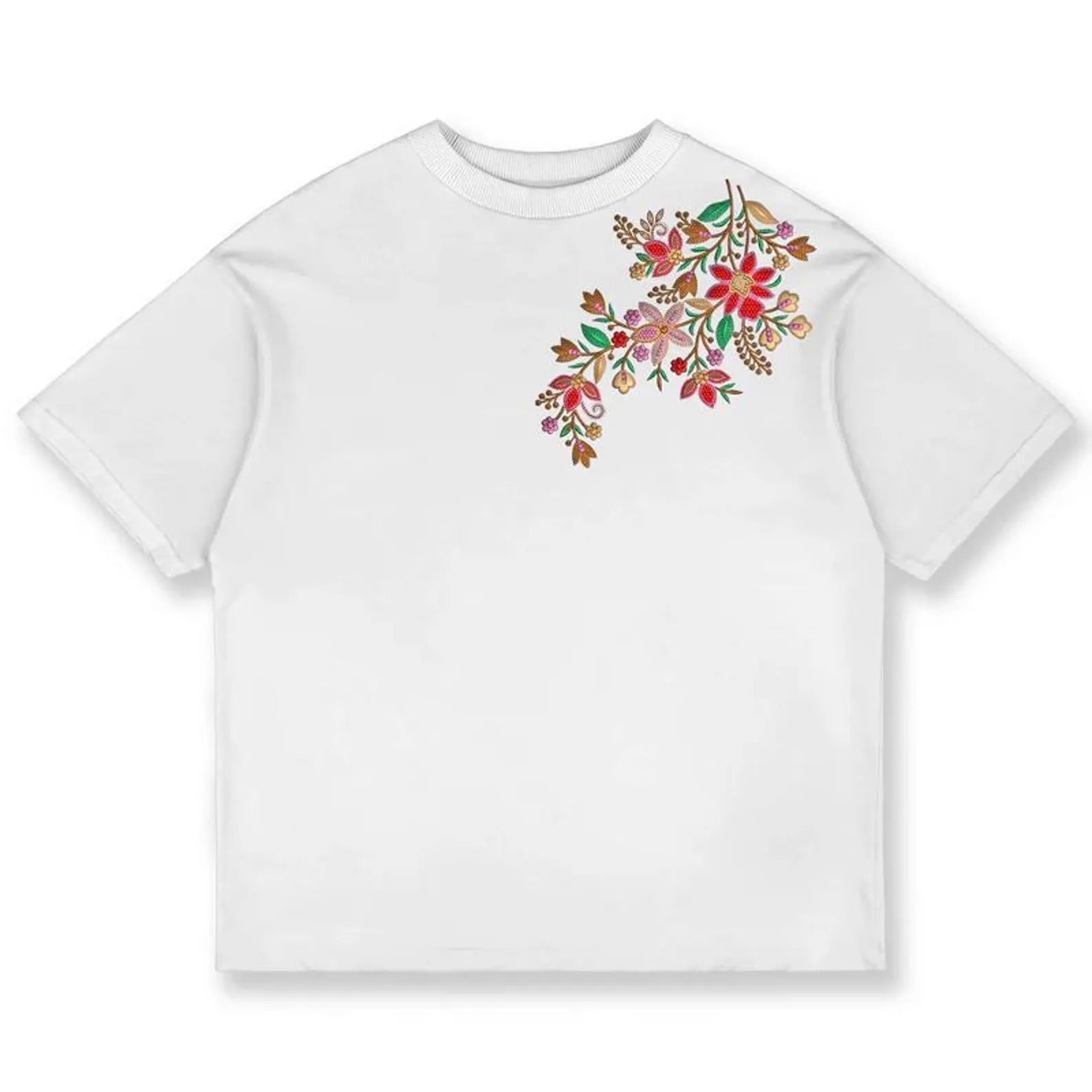 Elegant Floral Embroidery Tee - Women's Boho Chic T-Shirt - Embroidered Top - Summer Casual Blouse - Unique Gift Idea