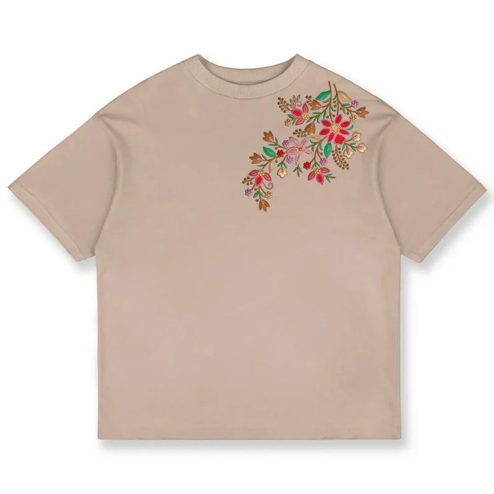 Elegant Floral Embroidery Tee - Women's Boho Chic T-Shirt - Embroidered Top - Summer Casual Blouse - Unique Gift Idea