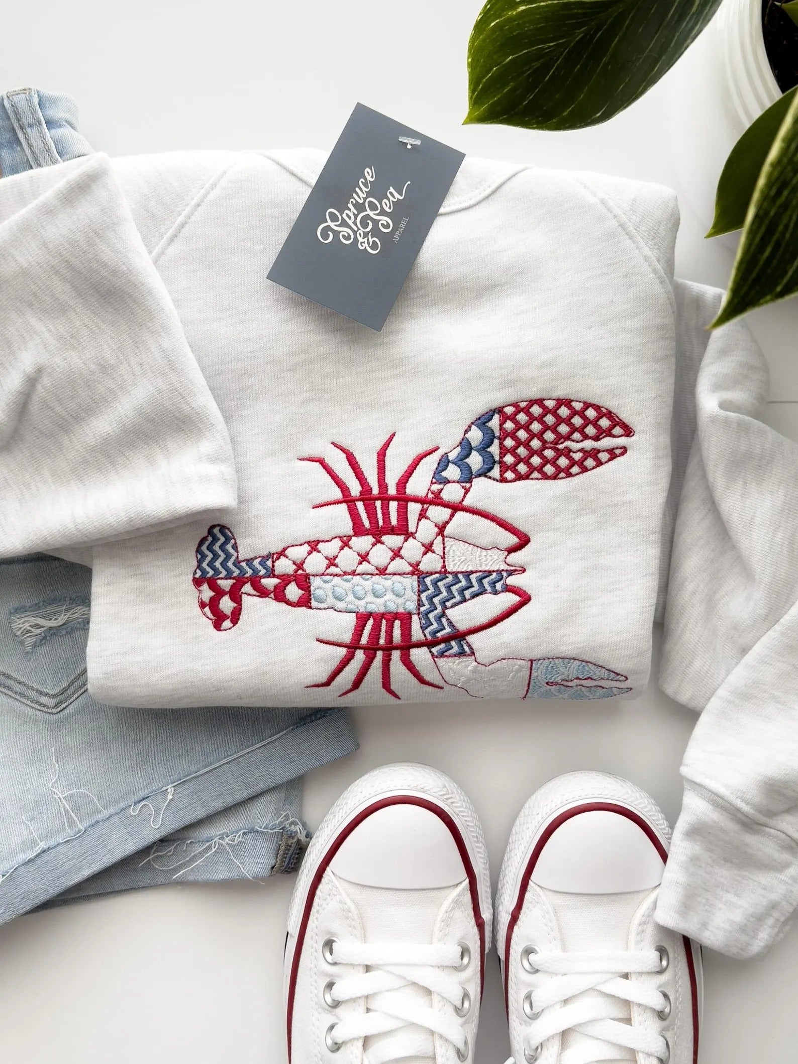 Lobster Patchwork Style Embroidered Sweatshirt, Lightweight Summer Nautical Crewneck