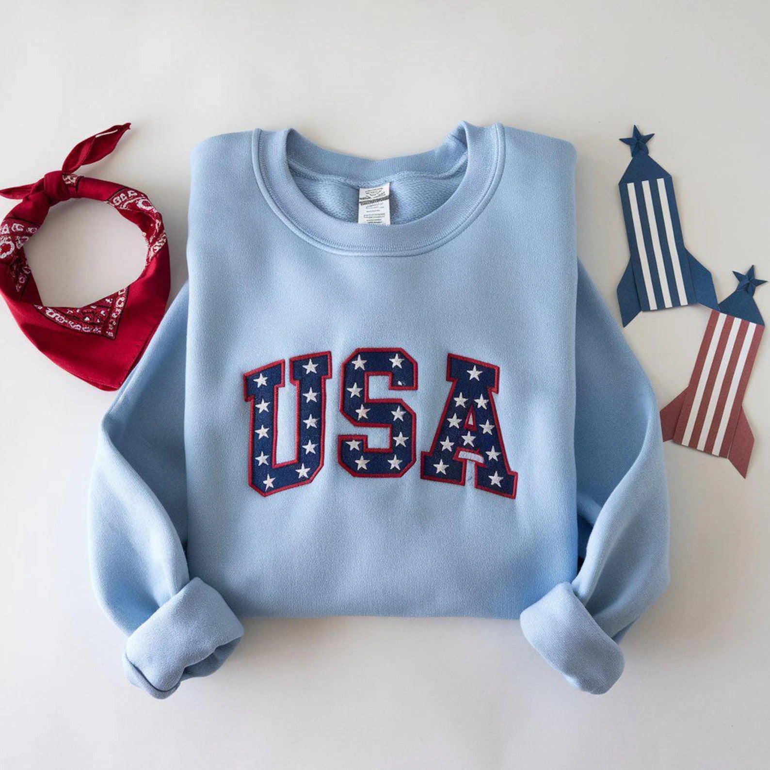 USA Star Embroidered Sweatshirt, 4th of July Patriotic Crewneck,Red White Blue Stars Shirt,American Flag Aesthetic Top,Independence Day Gift
