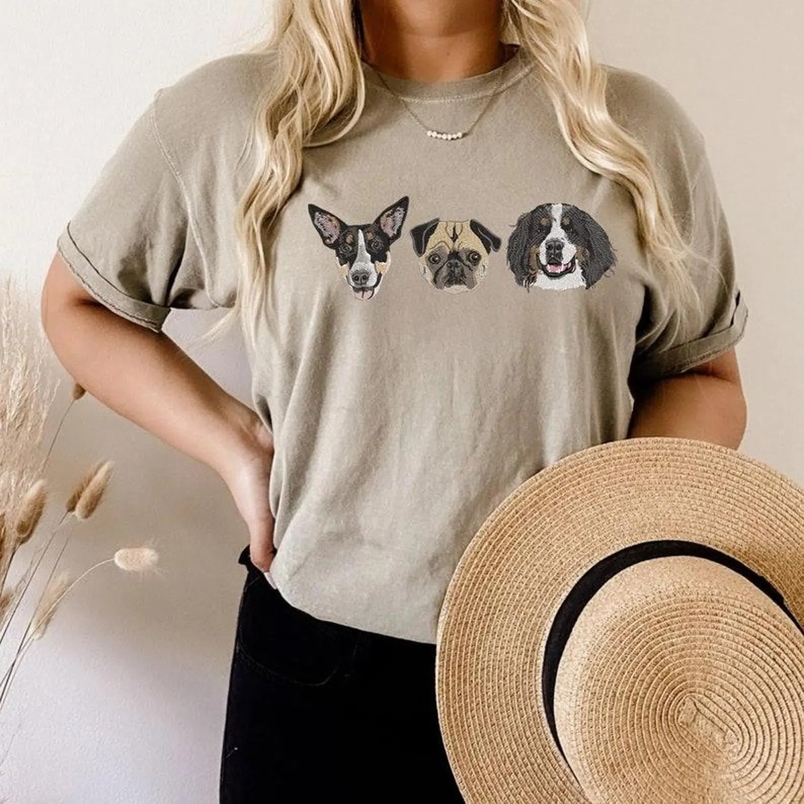 Custom EMBROIDERED Pet Portrait Comfort Colors T-Shirt,Custom Dog Mom Gift, Cat Mom,Personalized Pet Memorial,Personalized Pet Embroidery