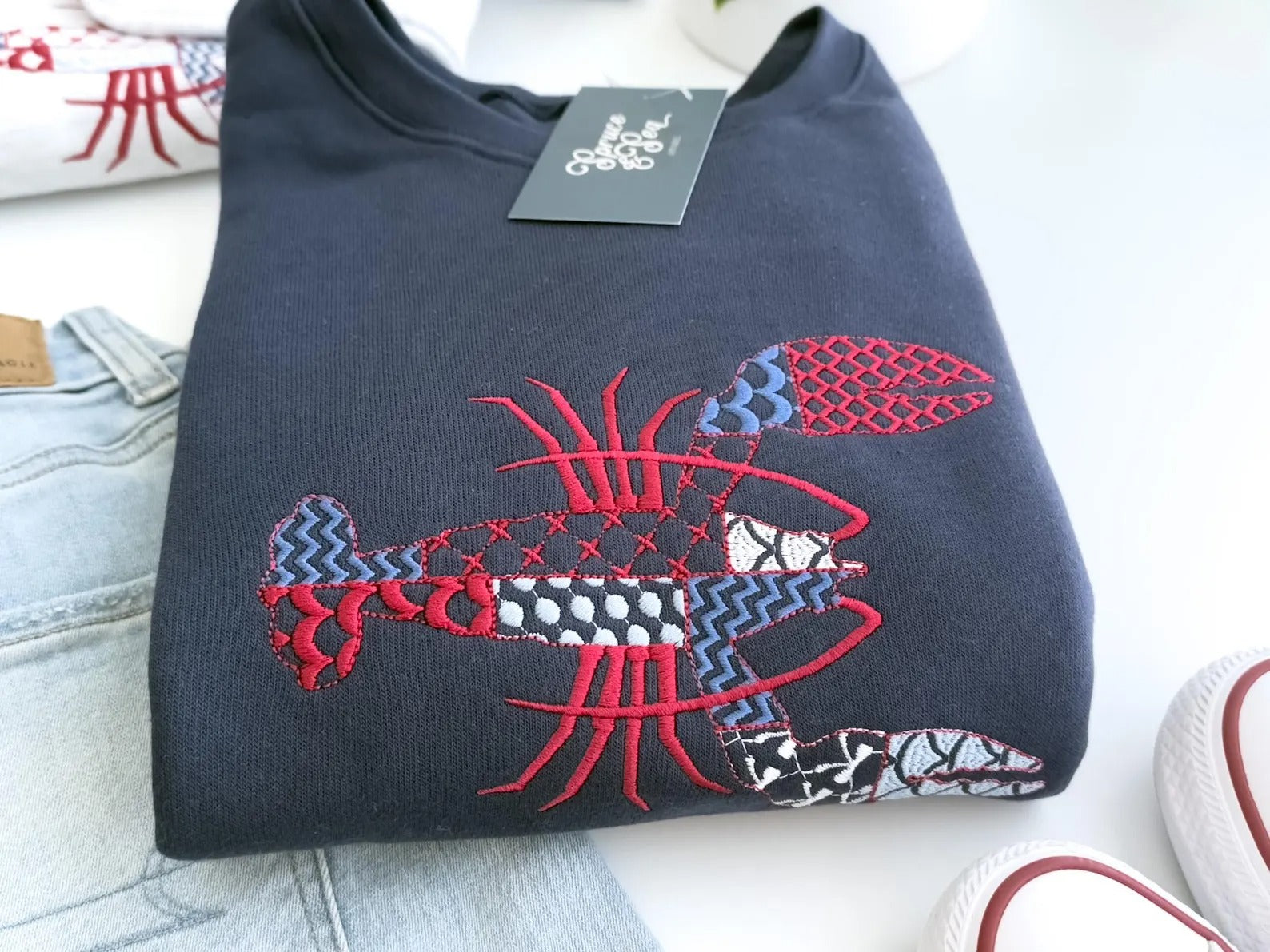 Lobster Patchwork Style Embroidered Sweatshirt, Lightweight Summer Nautical Crewneck