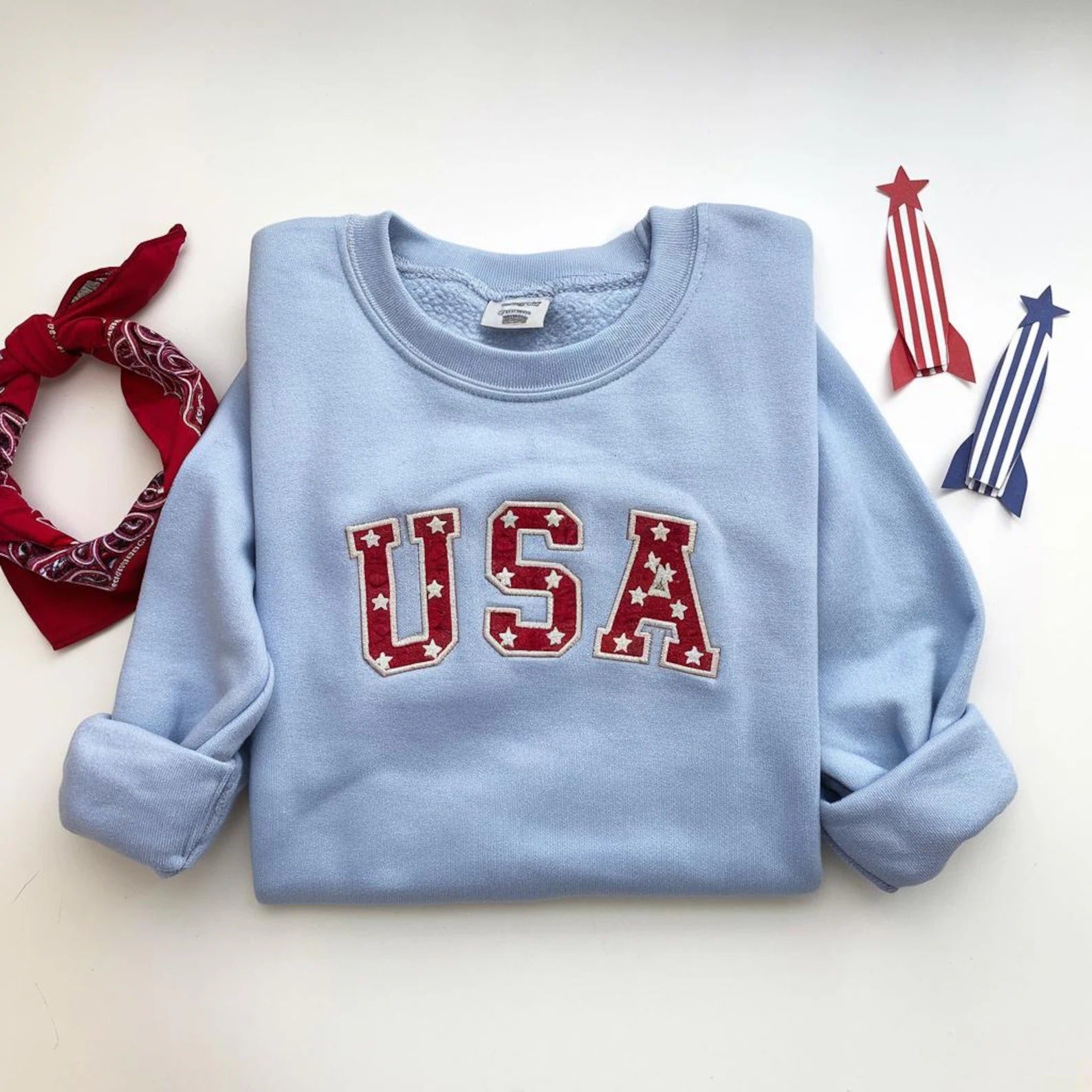 USA Star Embroidered Sweatshirt, 4th of July Patriotic Crewneck,Red White Blue Stars Shirt,American Flag Aesthetic Top,Independence Day Gift