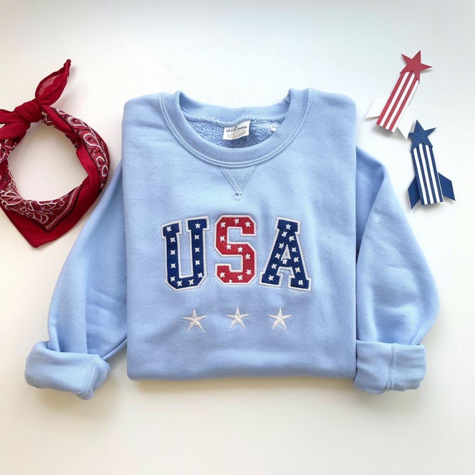 USA Star Embroidered Sweatshirt, 4th of July Patriotic Crewneck,Red White Blue Stars Shirt,American Flag Aesthetic Top,Independence Day Gift