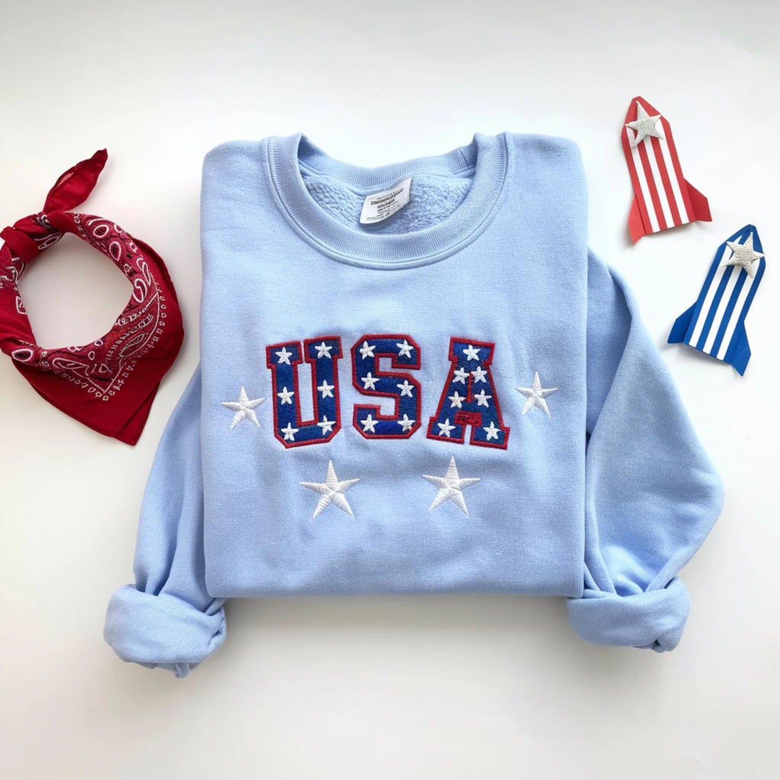 USA Star Embroidered Sweatshirt, 4th of July Patriotic Crewneck,Red White Blue Stars Shirt,American Flag Aesthetic Top,Independence Day Gift
