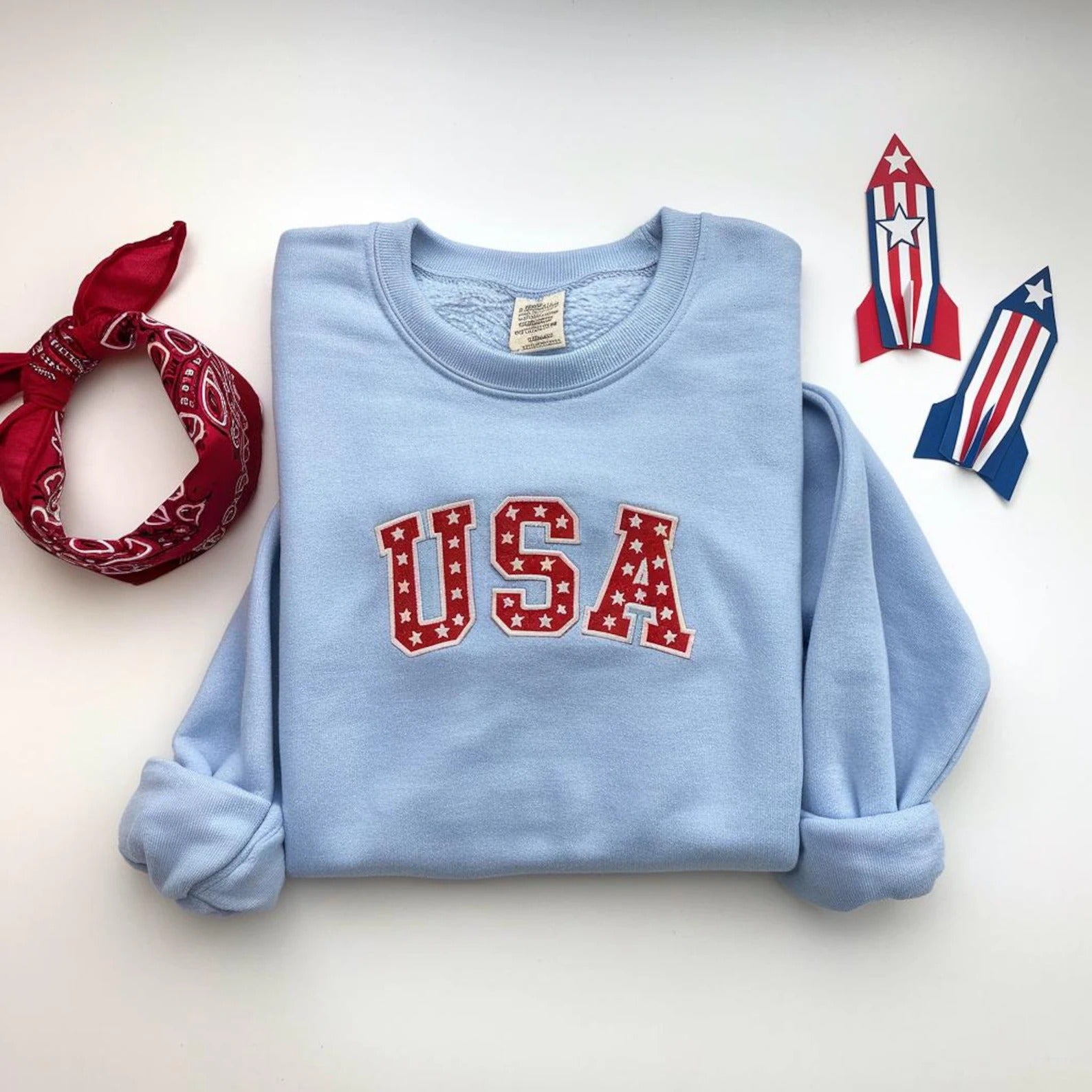USA Star Embroidered Sweatshirt, 4th of July Patriotic Crewneck,Red White Blue Stars Shirt,American Flag Aesthetic Top,Independence Day Gift