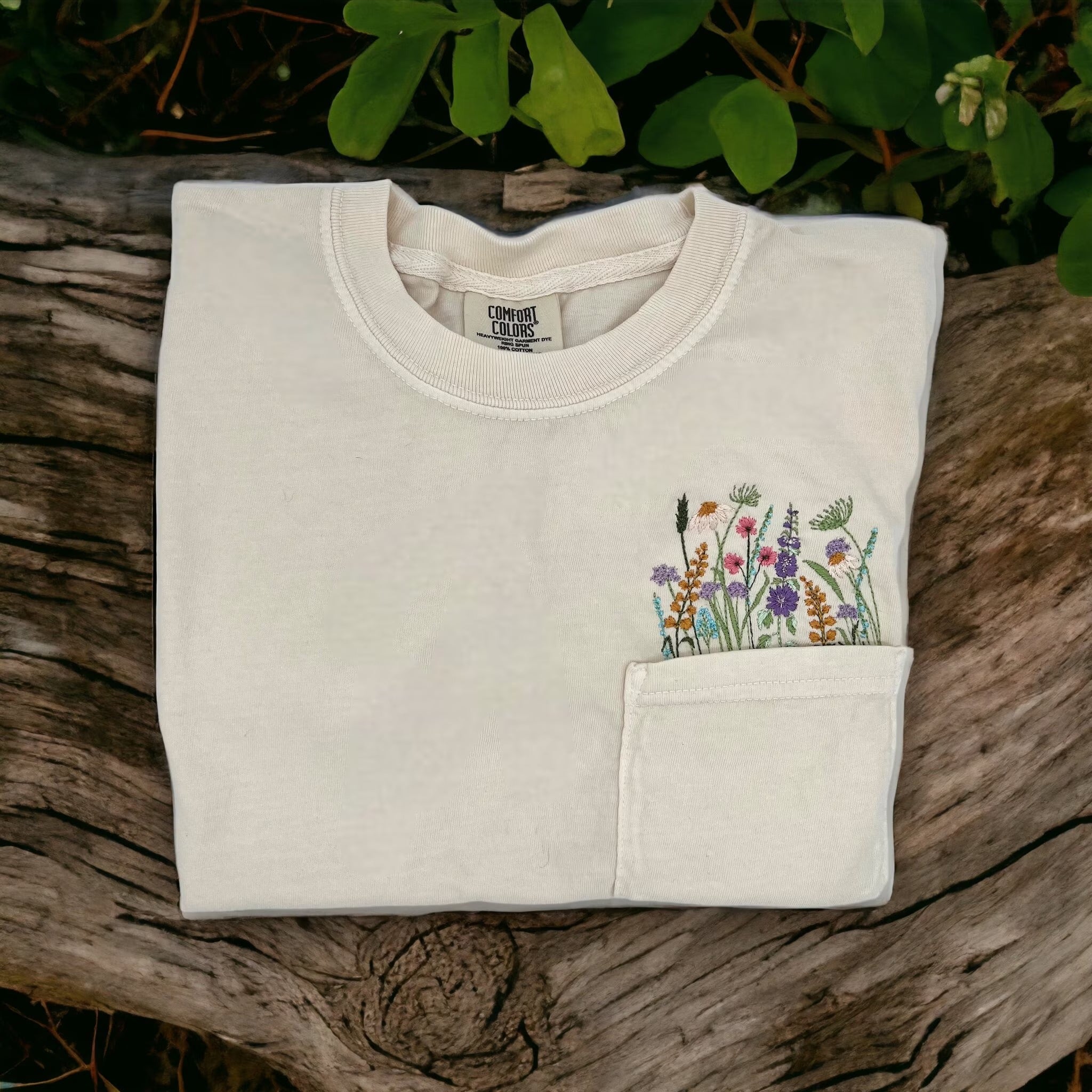 Embroidered crewneck wildflower pocket t-shirt, Embroidered flower shirt, Spring clothing, Floral pocket tee, Comfort Colors tshirt