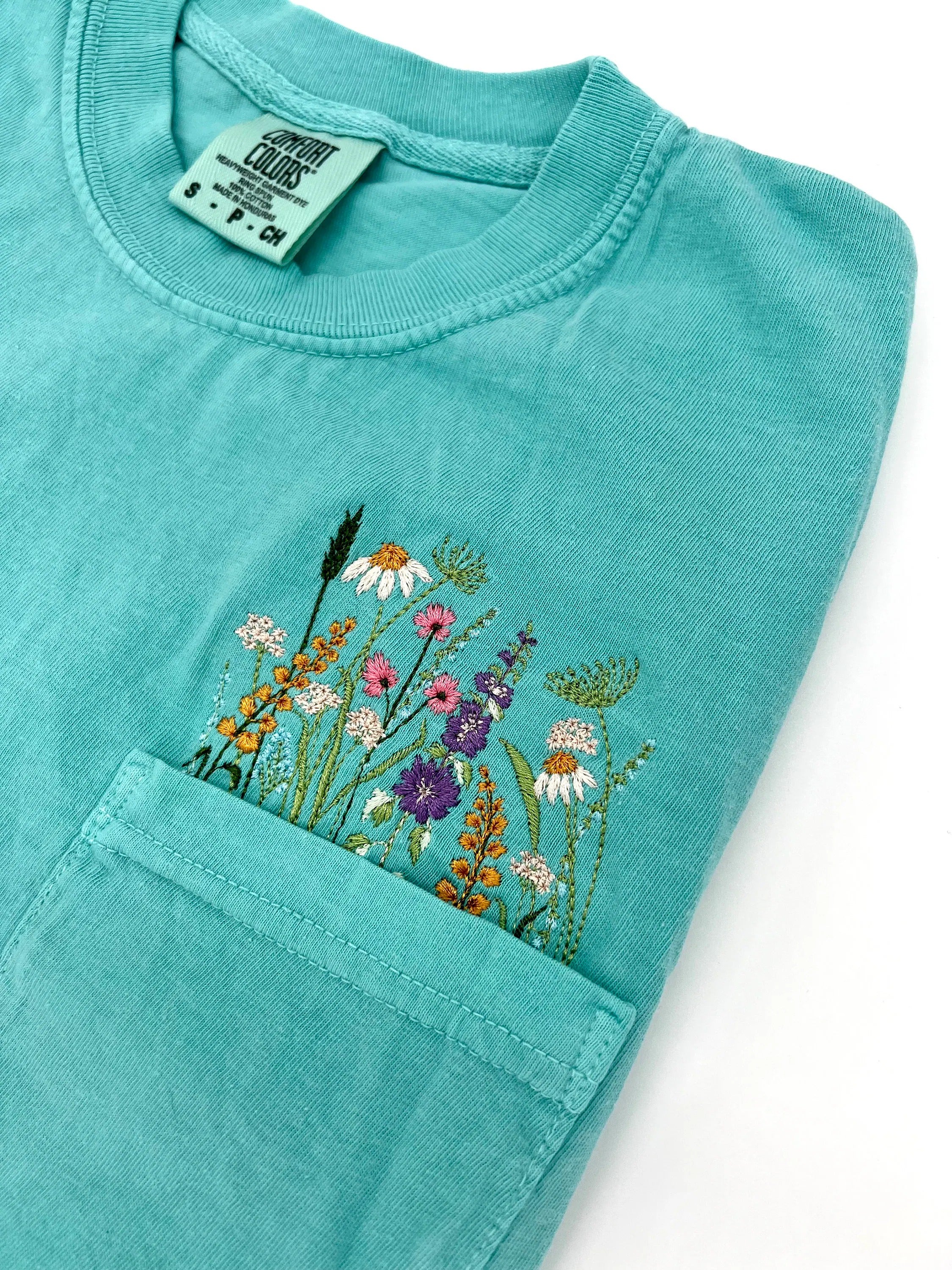 Embroidered crewneck wildflower pocket t-shirt, Embroidered flower shirt, Spring clothing, Floral pocket tee, Comfort Colors tshirt
