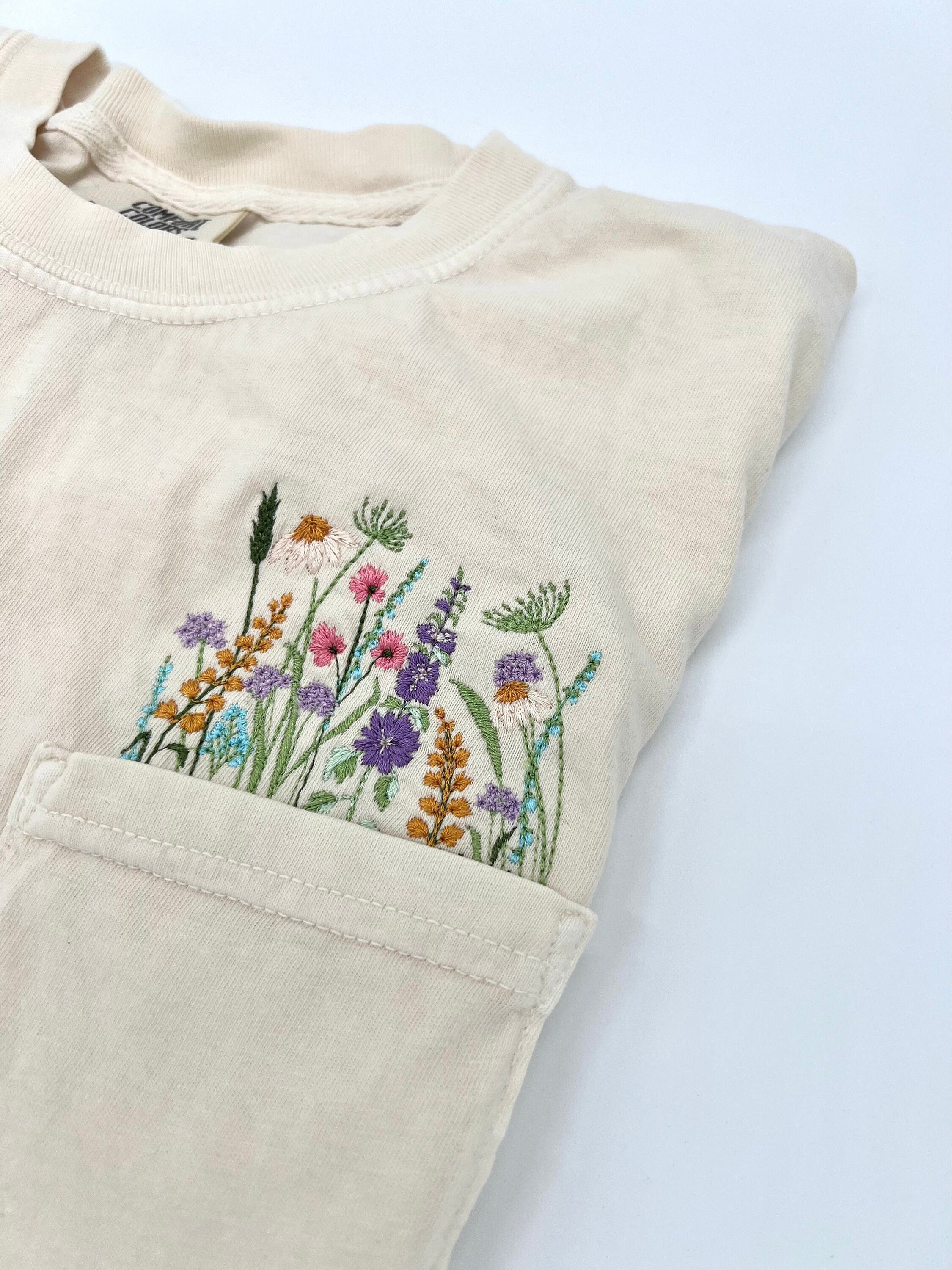 Embroidered crewneck wildflower pocket t-shirt, Embroidered flower shirt, Spring clothing, Floral pocket tee, Comfort Colors tshirt