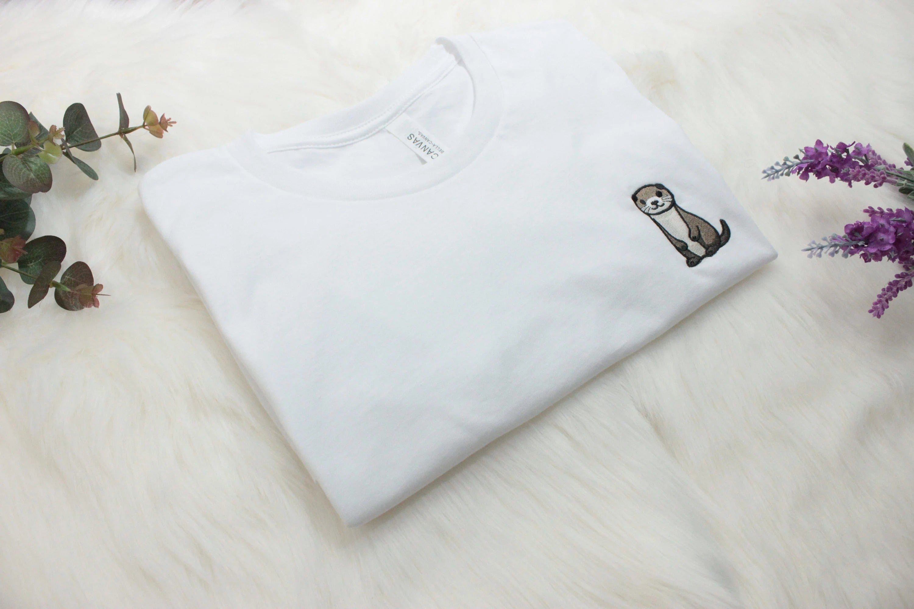 Otter Embroidered T-Shirt, Embroidered Crewneck Unisex Shirt, Short Sleeve Shirt - Multiple Colors