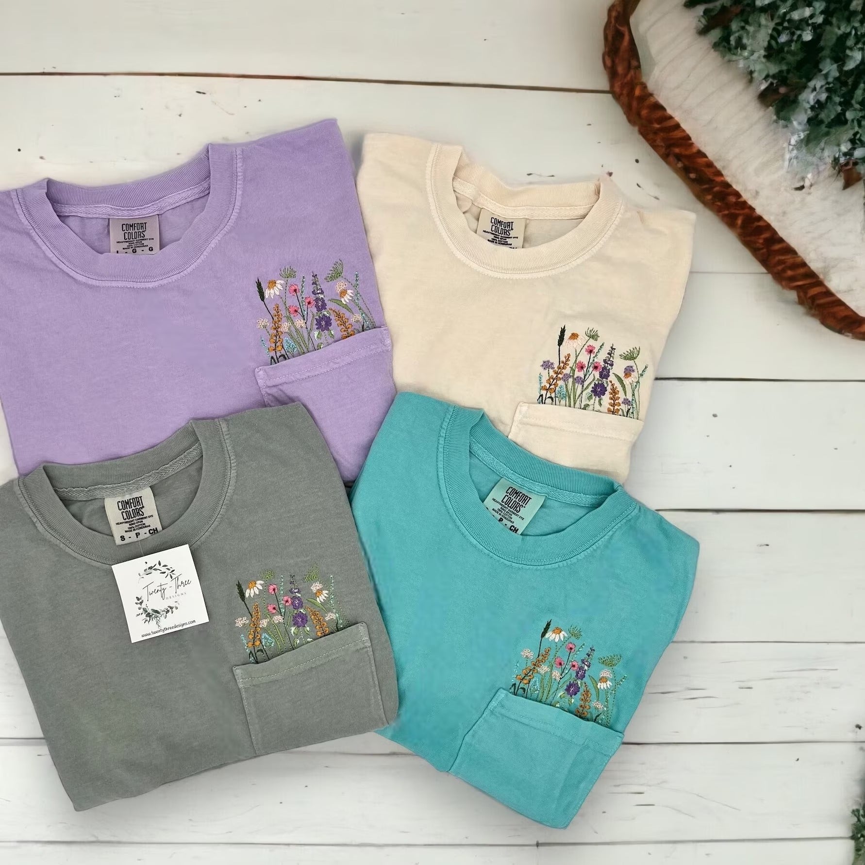 Embroidered crewneck wildflower pocket t-shirt, Embroidered flower shirt, Spring clothing, Floral pocket tee, Comfort Colors tshirt