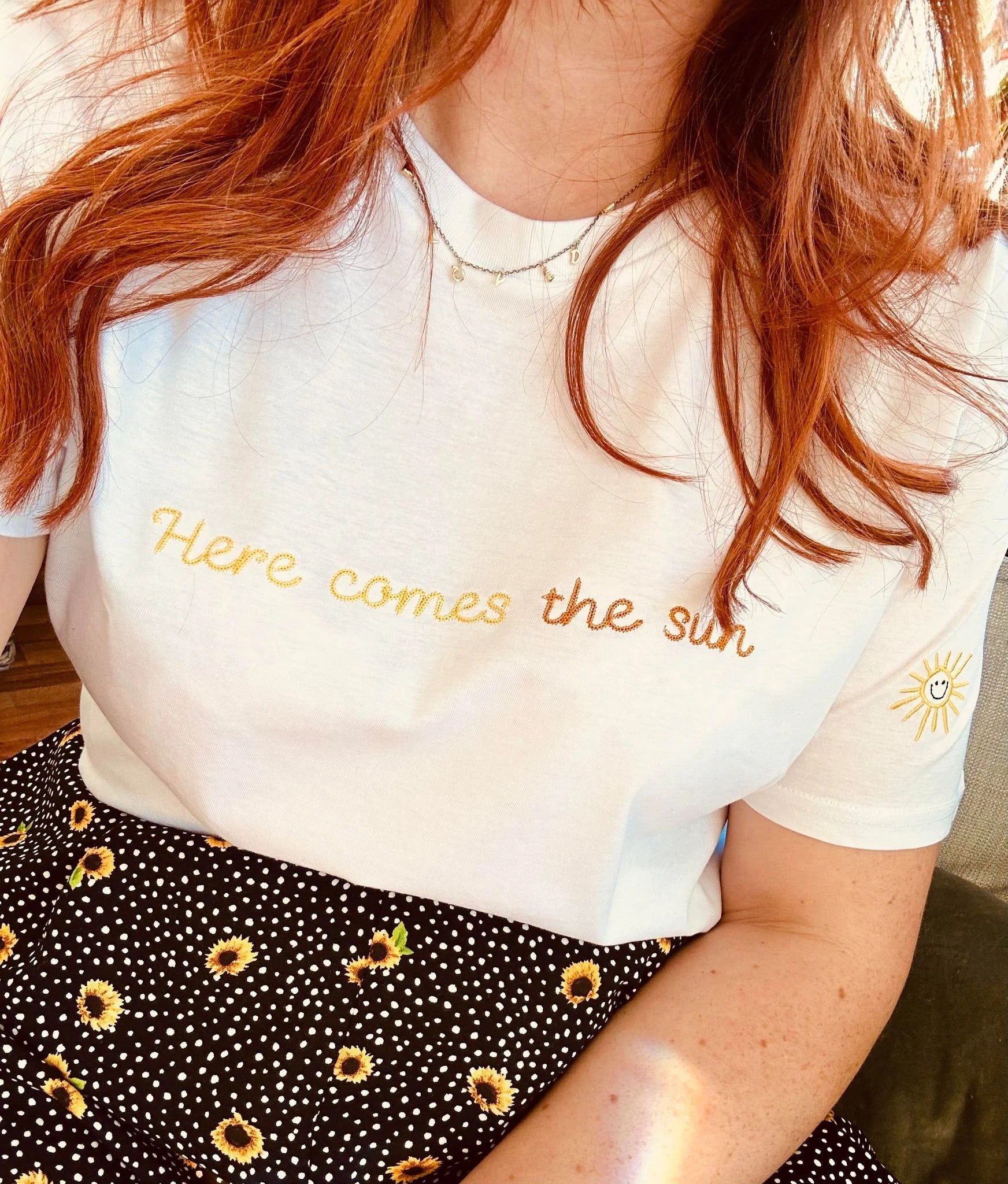 Embroidered 'Here Comes The Sun' Unisex Organic Cotton T-shirt - Spring Summer Top