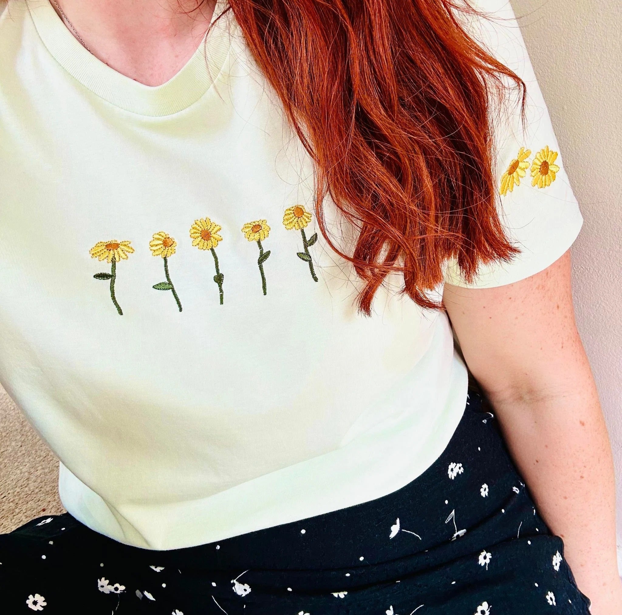 Embroidered Sunflowers T-shirt Unisex Organic Cotton - Spring Summer Top