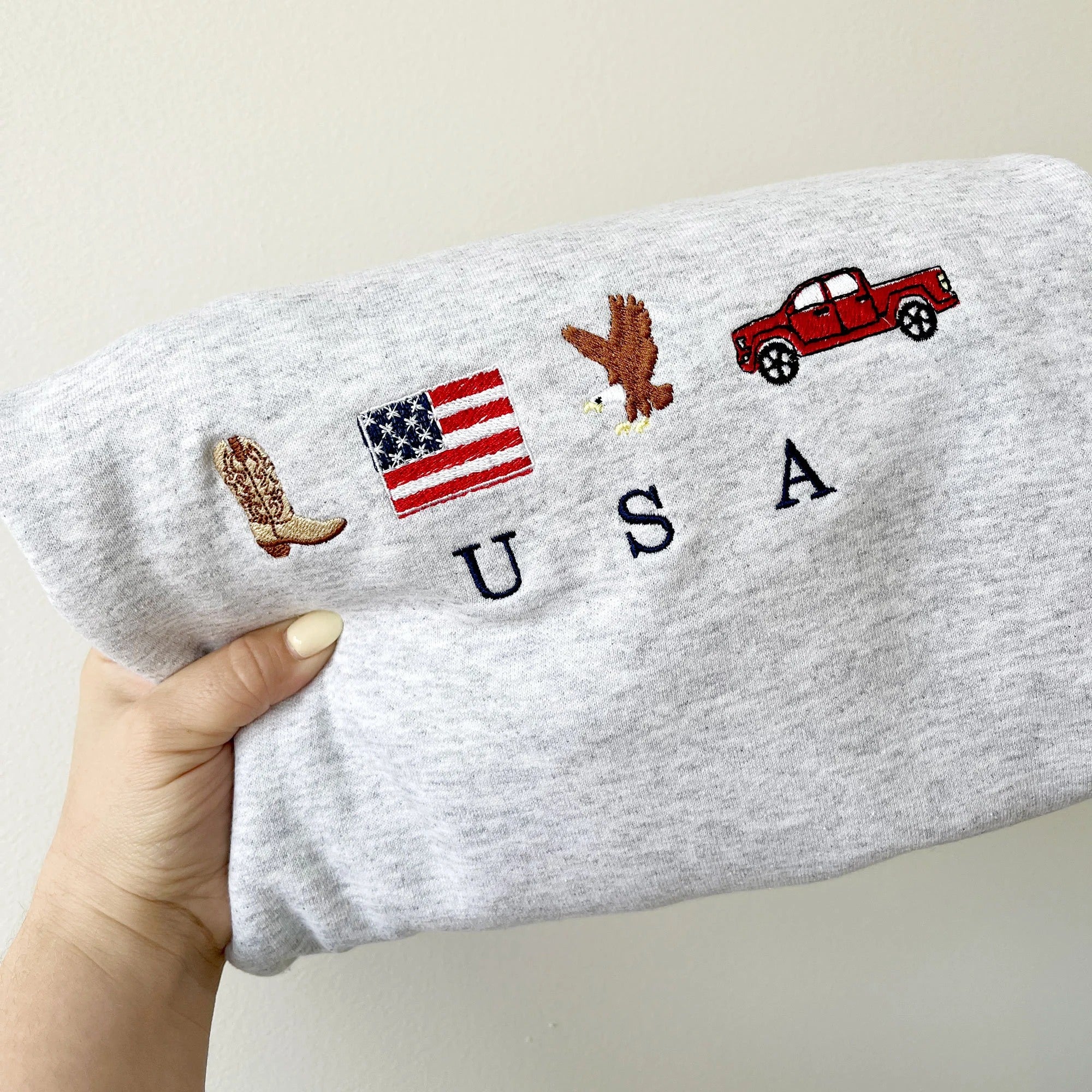 USA Embroidered Icons Crewneck Sweatshirt | America Sweatshirt | 4th of July crewneck | Country, Western, Cowboy Sweatshirt