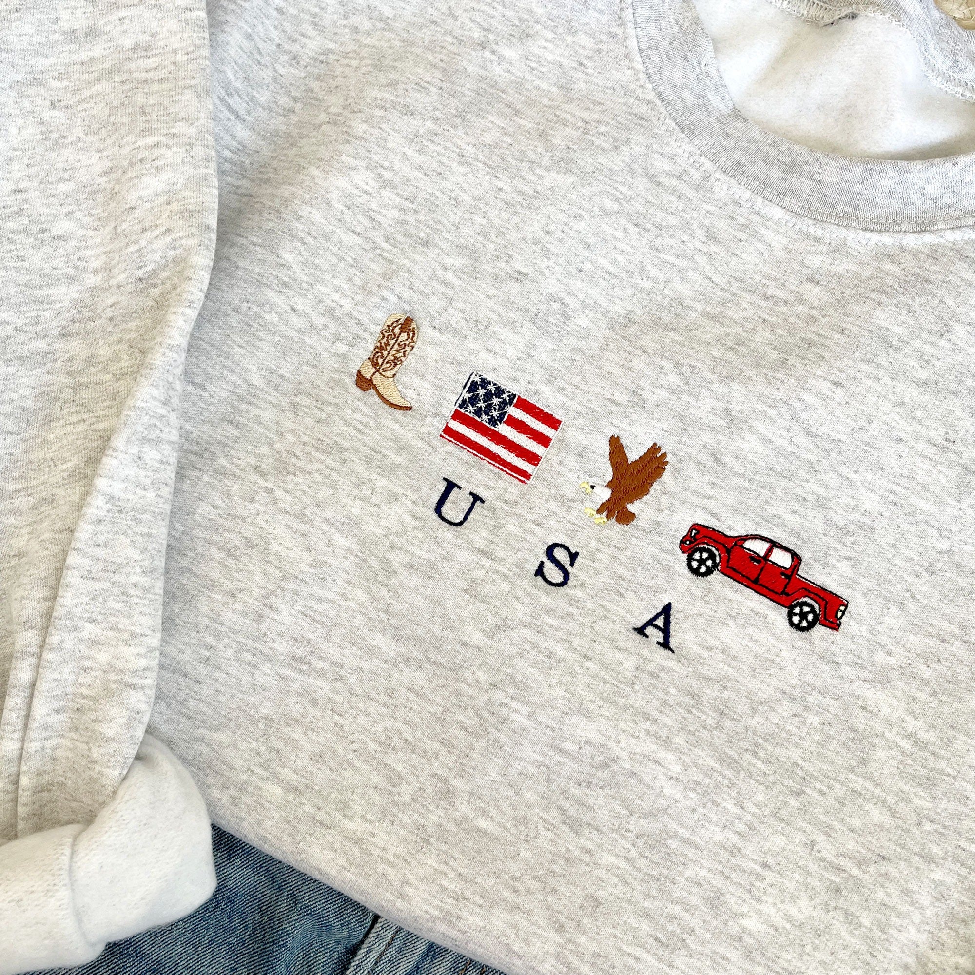 USA Embroidered Icons Crewneck Sweatshirt | America Sweatshirt | 4th of July crewneck | Country, Western, Cowboy Sweatshirt