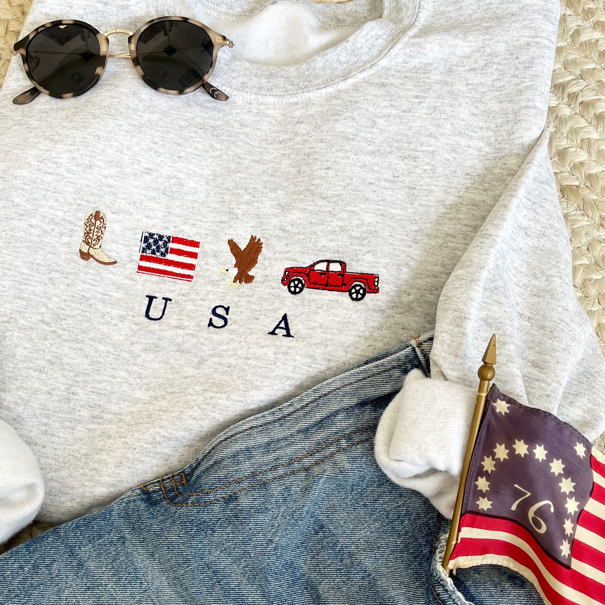 USA Embroidered Icons Crewneck Sweatshirt | America Sweatshirt | 4th of July crewneck | Country, Western, Cowboy Sweatshirt