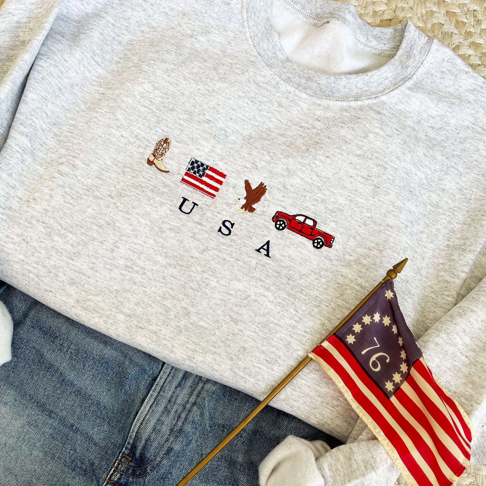 USA Embroidered Icons Crewneck Sweatshirt | America Sweatshirt | 4th of July crewneck | Country, Western, Cowboy Sweatshirt